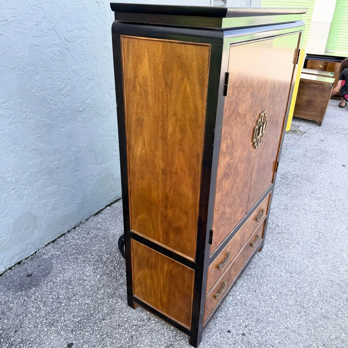 Vintage Chinoiserie Burlwood and Black Armoire With Brass Accents by Century Furniture