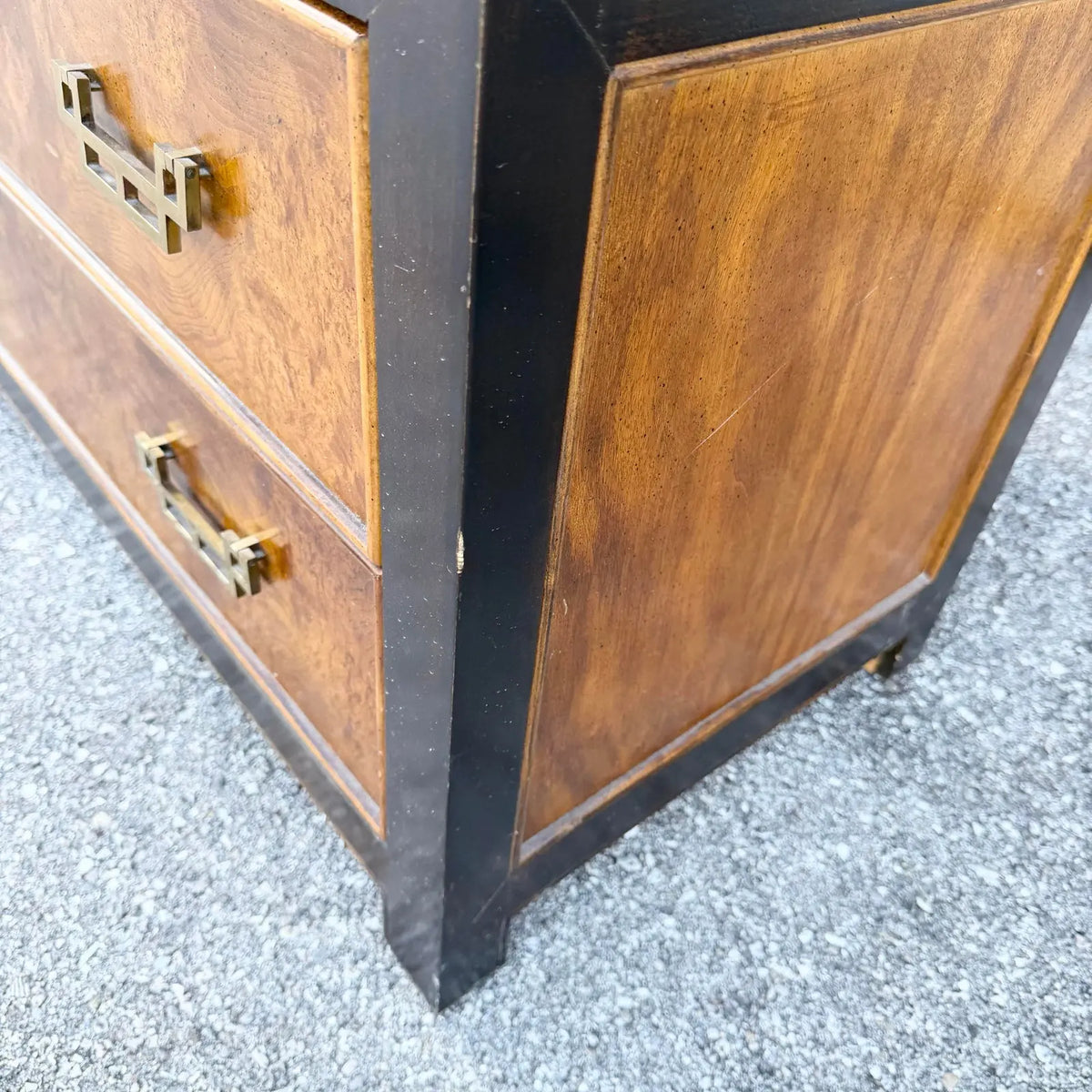 Vintage Chinoiserie Burlwood and Black Armoire With Brass Accents by Century Furniture