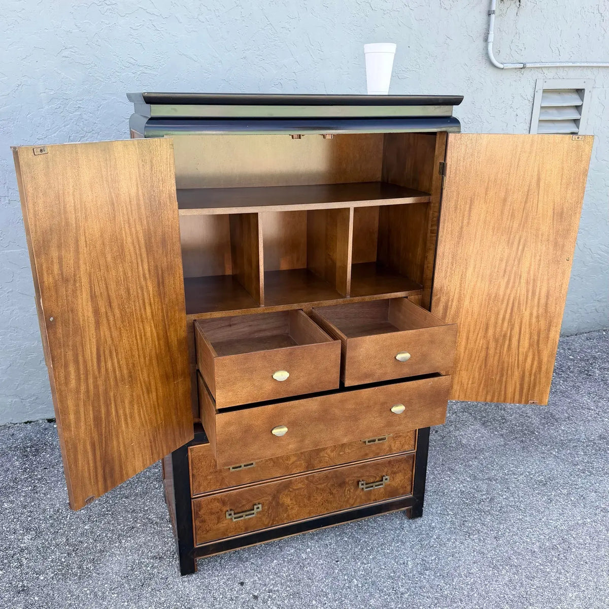 Vintage Chinoiserie Burlwood and Black Armoire With Brass Accents by Century Furniture