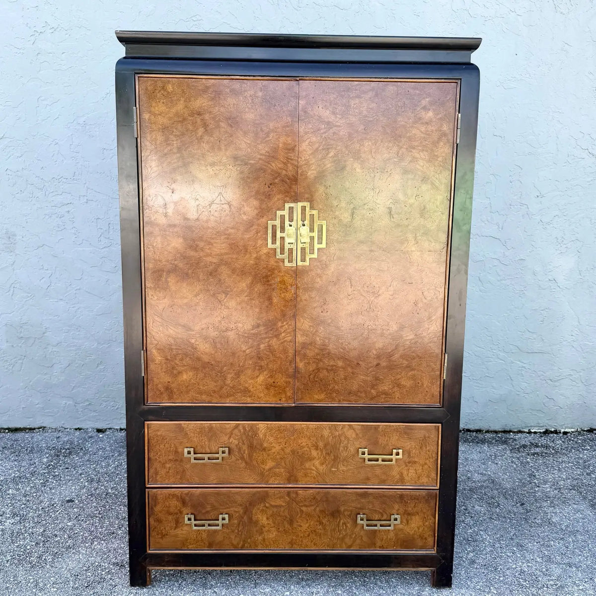 Vintage Chinoiserie Burlwood and Black Armoire With Brass Accents by Century Furniture