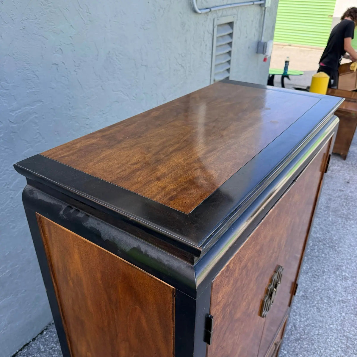 Vintage Chinoiserie Burlwood and Black Armoire With Brass Accents by Century Furniture