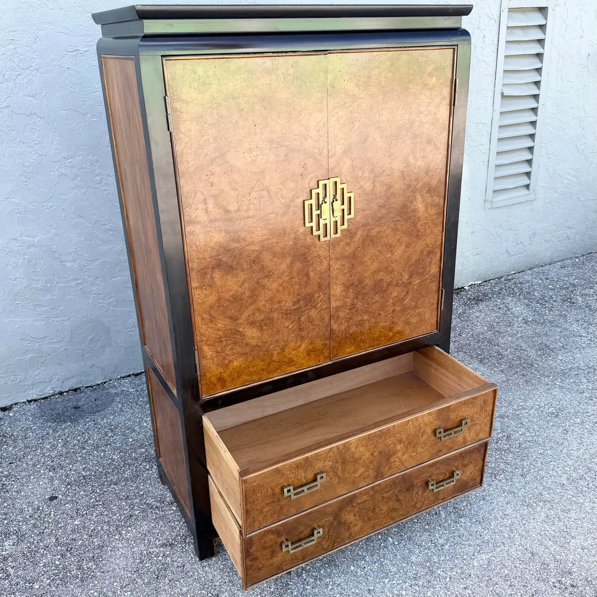 Vintage Chinoiserie Burlwood and Black Armoire With Brass Accents by Century Furniture
