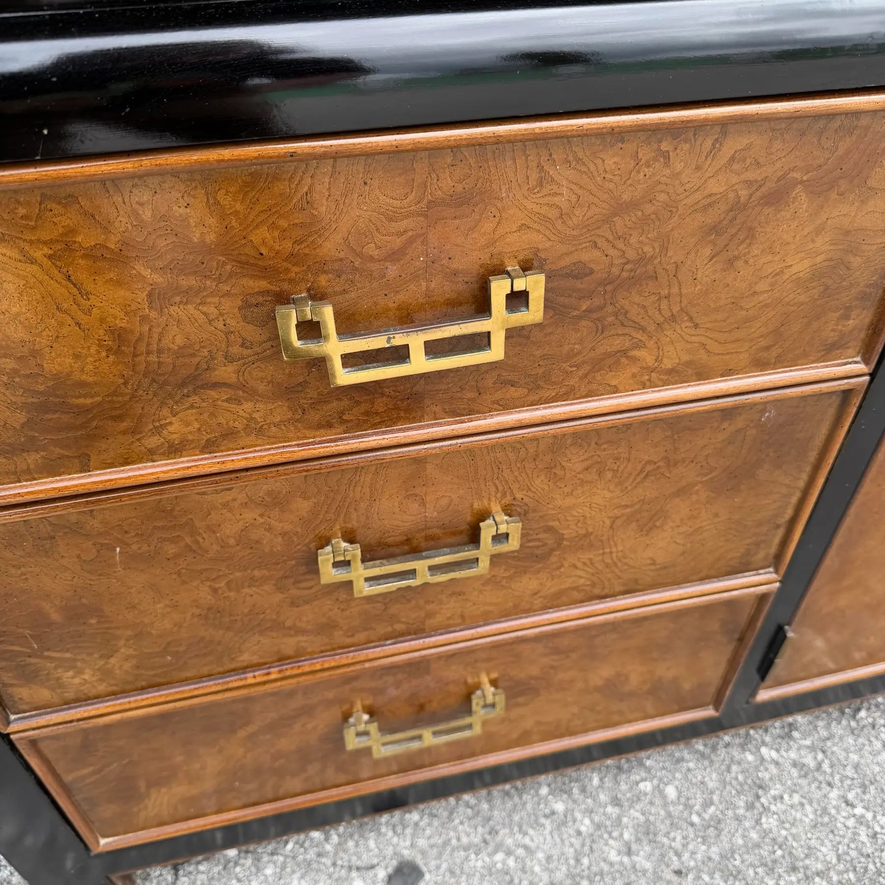 Vintage Chinoiserie Burlwood and Black Dresser by Centruy Dolphin & Flamingo