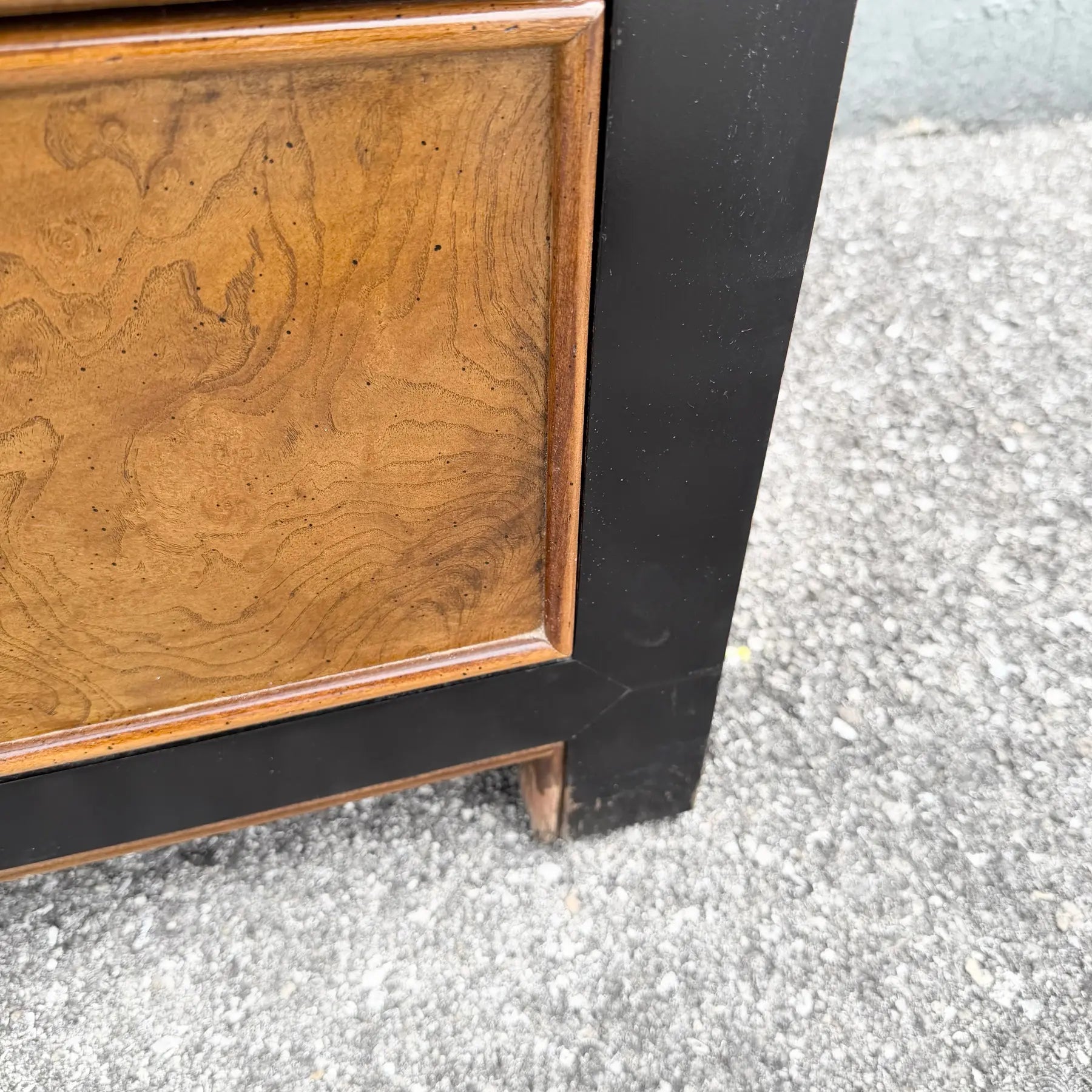 Vintage Chinoiserie Burlwood and Black Dresser by Centruy Dolphin & Flamingo