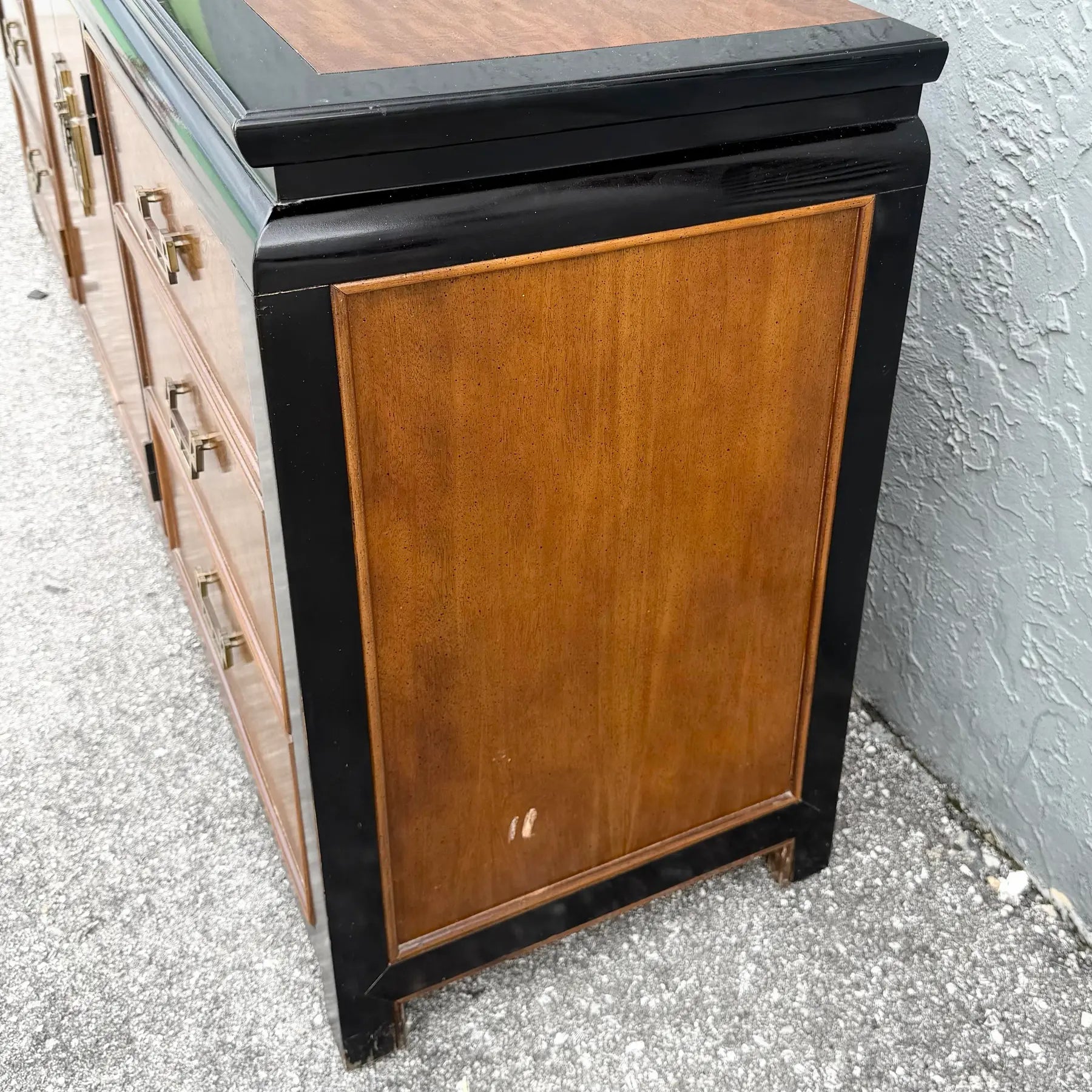 Vintage Chinoiserie Burlwood and Black Dresser by Centruy Dolphin & Flamingo