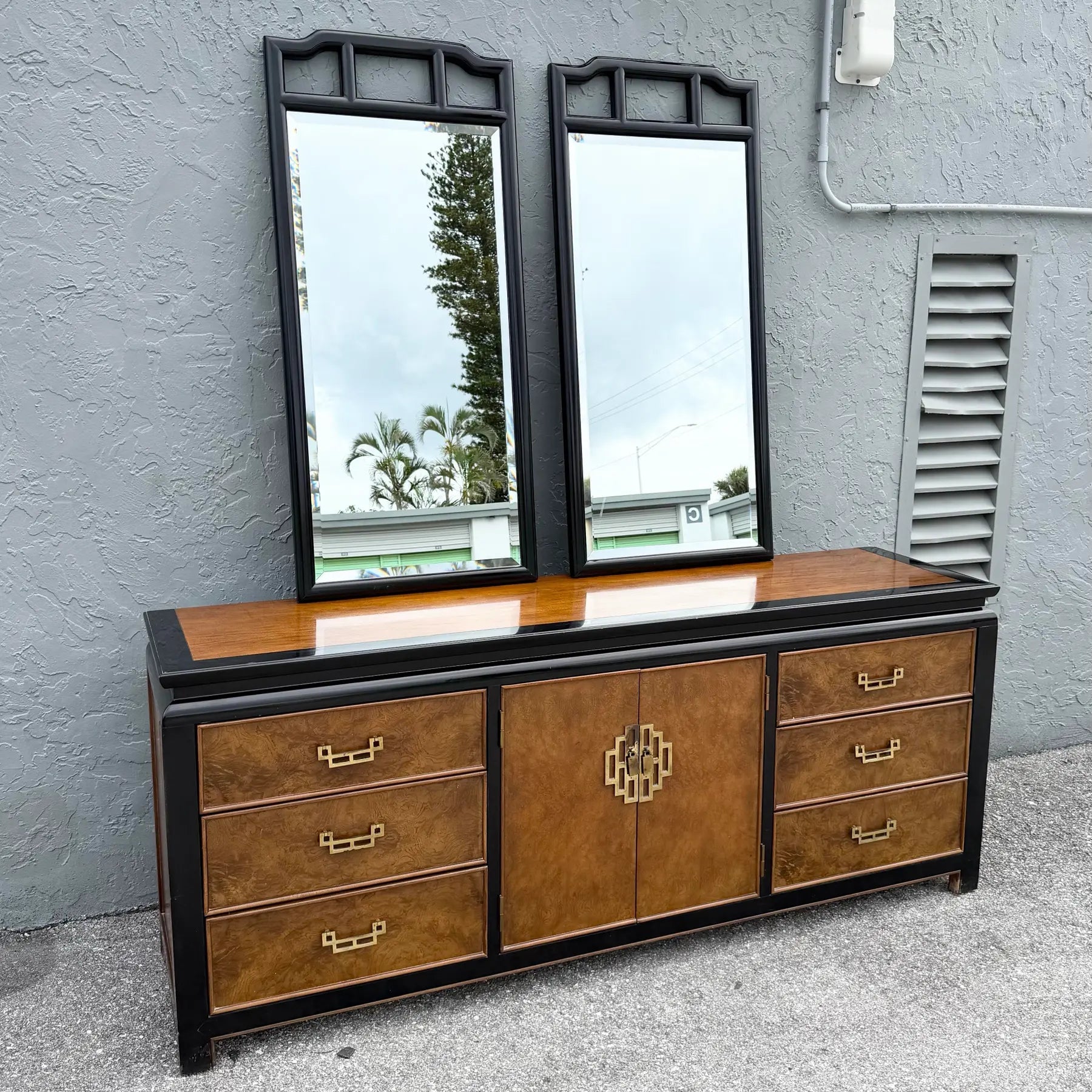Vintage Chinoiserie Burlwood and Black Dresser by Centruy Dolphin & Flamingo