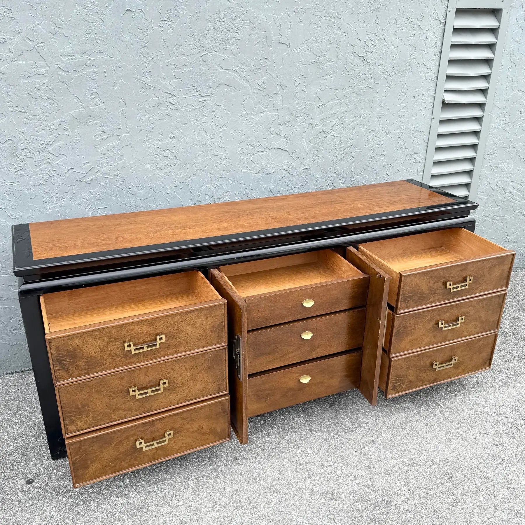Vintage Chinoiserie Burlwood and Black Dresser by Centruy Dolphin & Flamingo