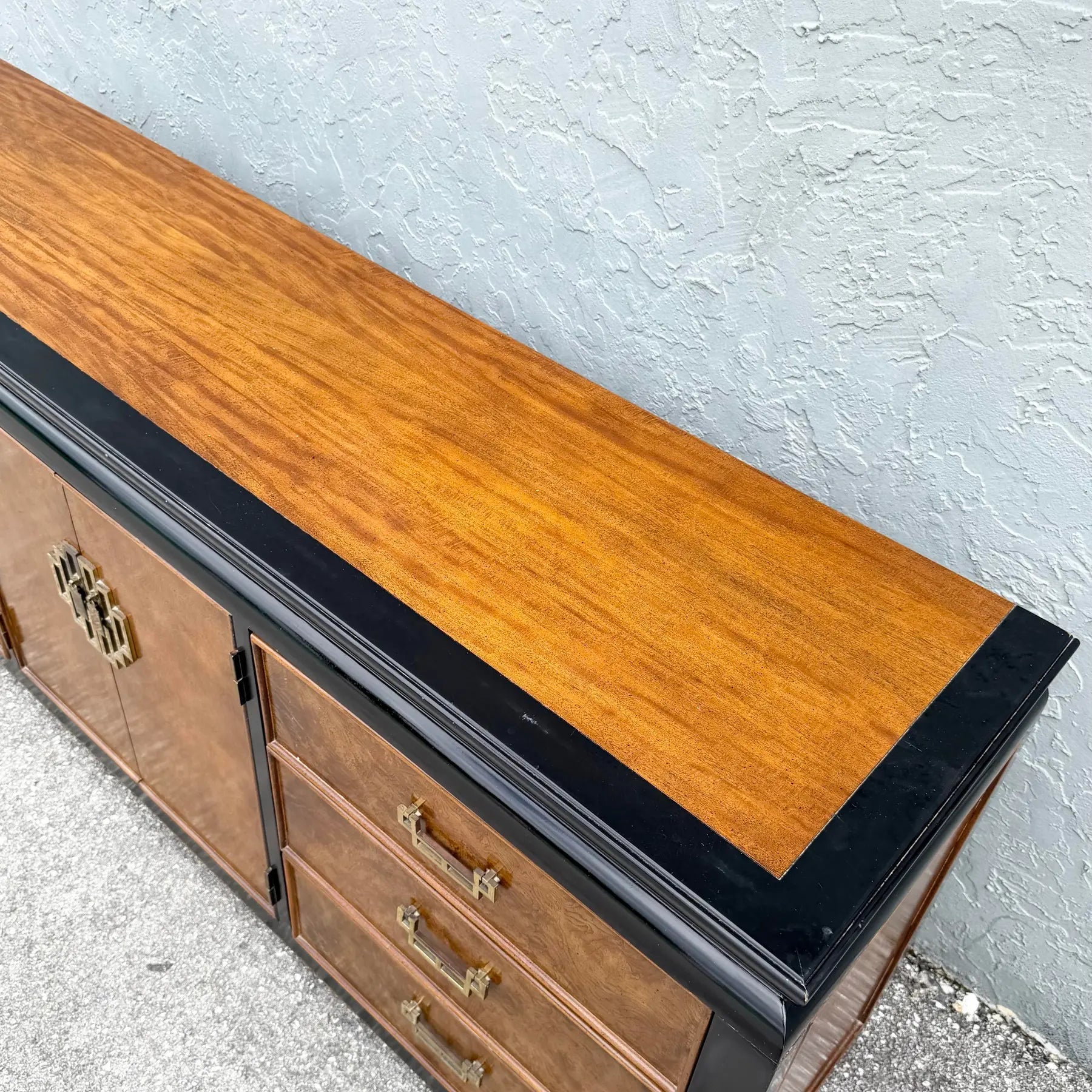 Vintage Chinoiserie Burlwood and Black Dresser by Centruy Dolphin & Flamingo