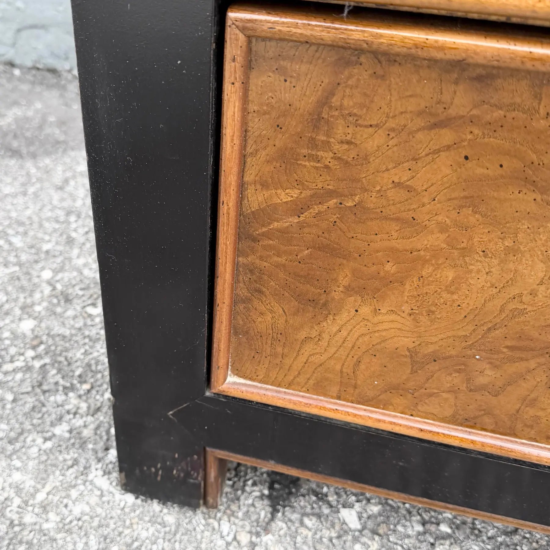 Vintage Chinoiserie Burlwood and Black Dresser by Centruy Dolphin & Flamingo