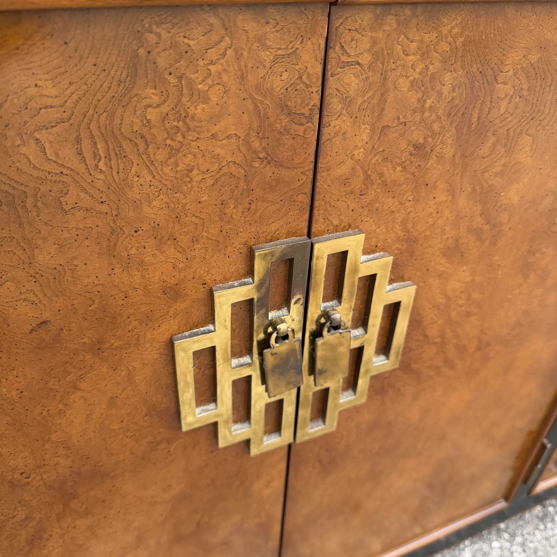 Vintage Chinoiserie Burlwood and Black Dresser by Centruy Dolphin & Flamingo