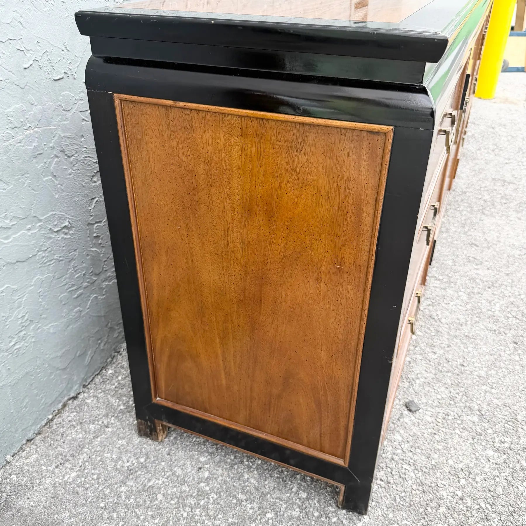 Vintage Chinoiserie Burlwood and Black Dresser by Centruy Dolphin & Flamingo