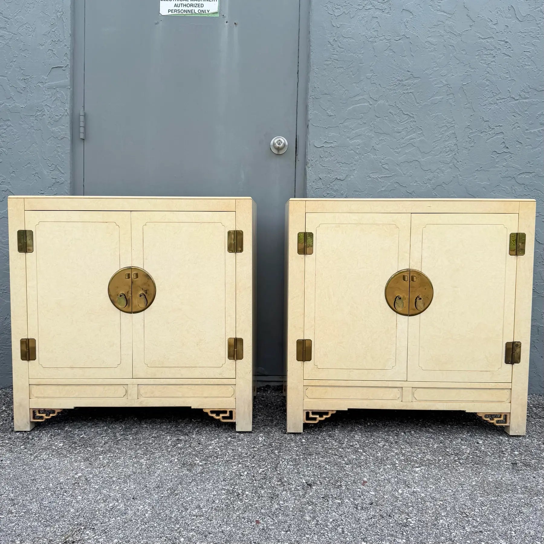 Vintage Chinoiserie Cream and Gold Server Cabinets - A Pair Dolphin & Flamingo