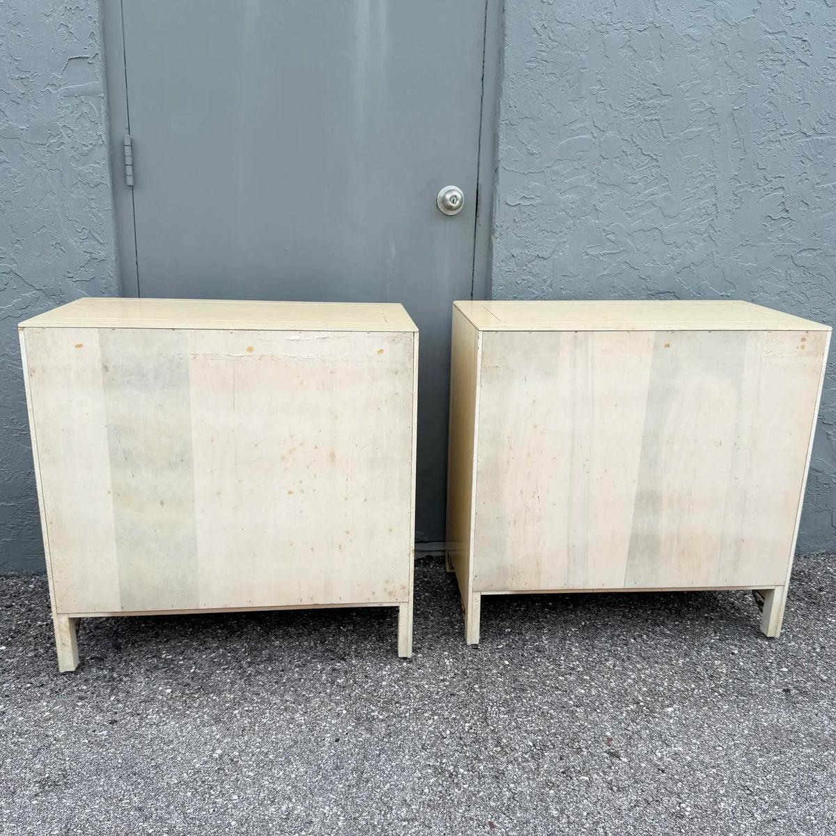 Vintage Chinoiserie Cream and Gold Server Cabinets - A Pair Dolphin & Flamingo