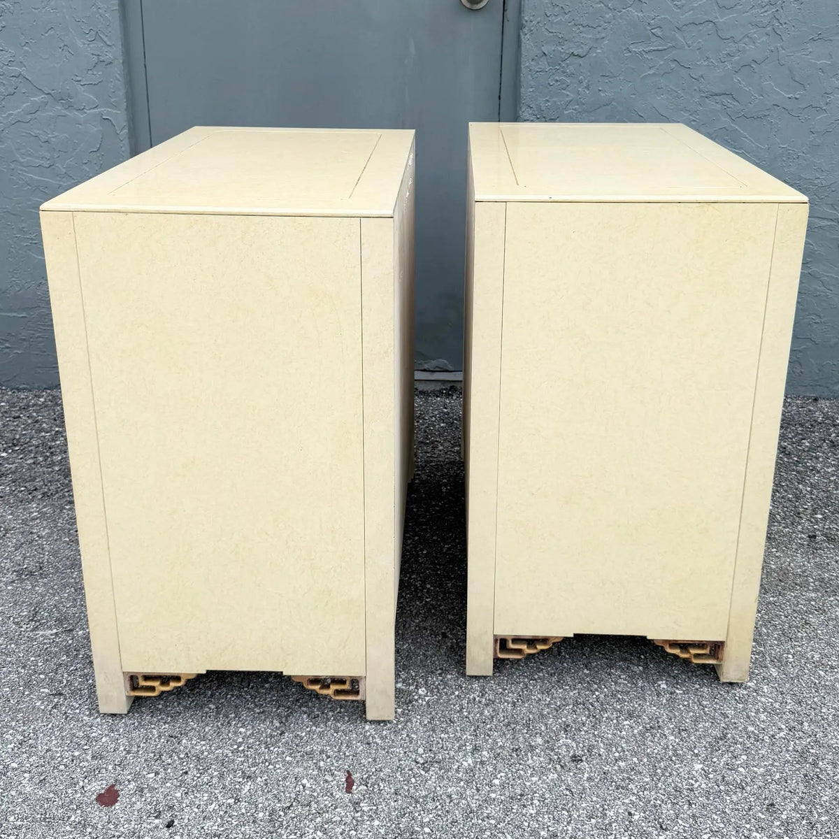 Vintage Chinoiserie Cream and Gold Server Cabinets - A Pair Dolphin & Flamingo
