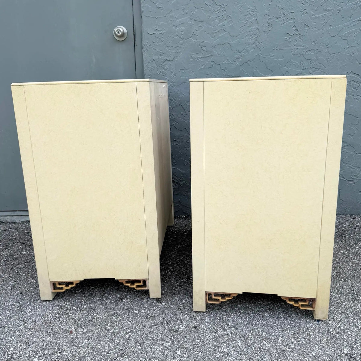 Vintage Chinoiserie Cream and Gold Server Cabinets - A Pair Dolphin & Flamingo