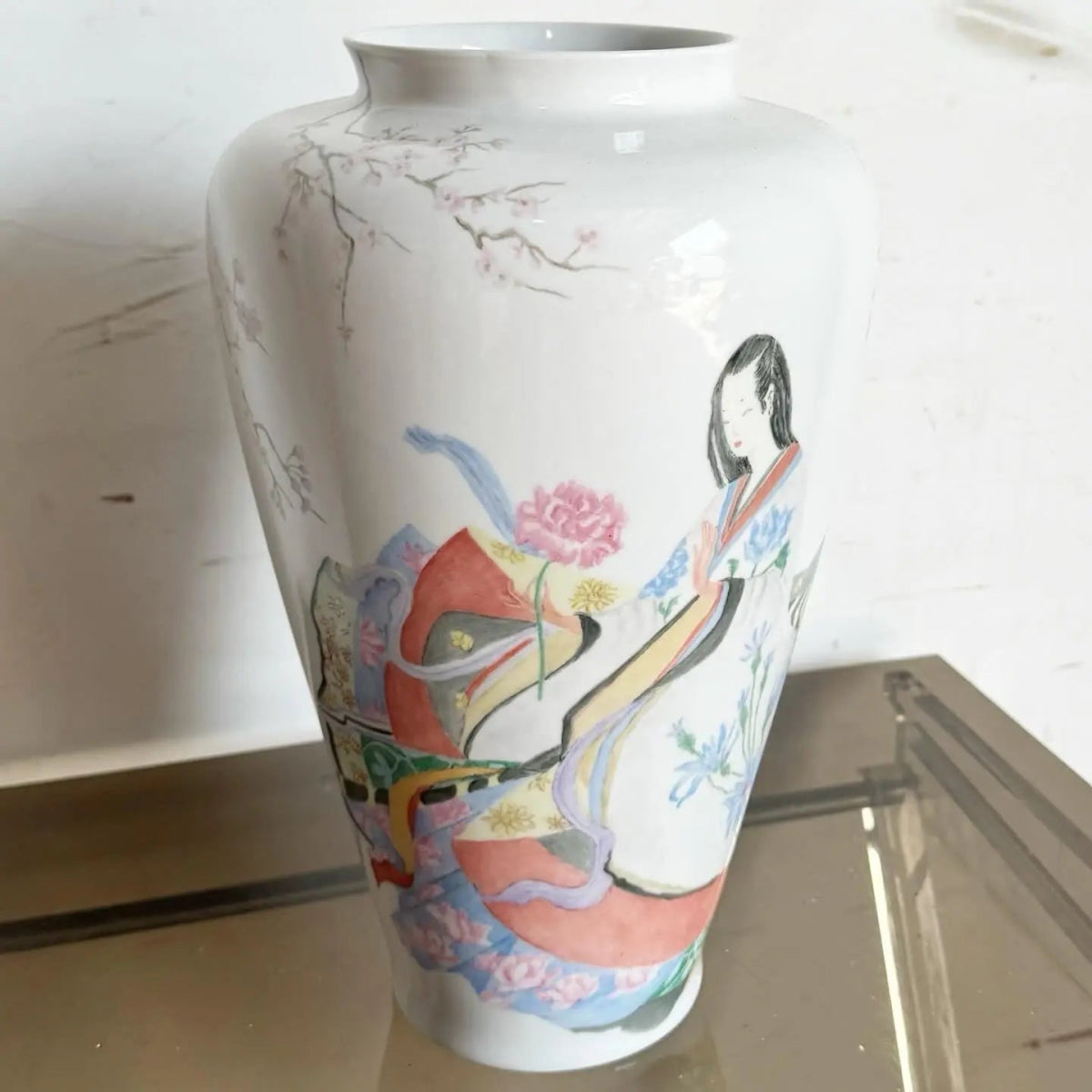 Vintage Chinoiserie Hand Painted Porcelain Bavaria Vase - Dolphin & Flamingo