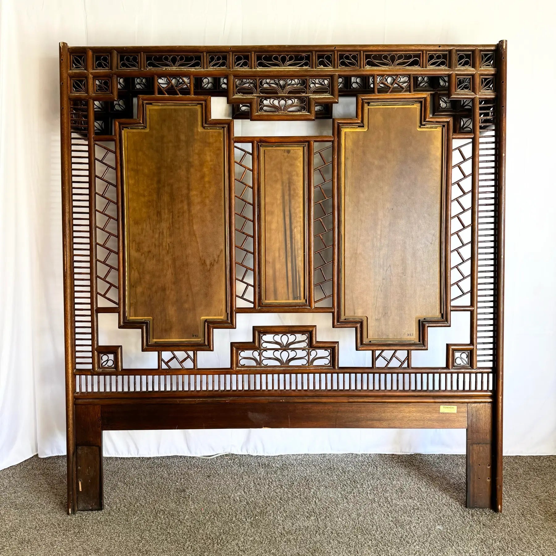 Vintage Chinoiserie Hand Painted Rattan and Wood King Size Headboard - Dolphin & Flamingo