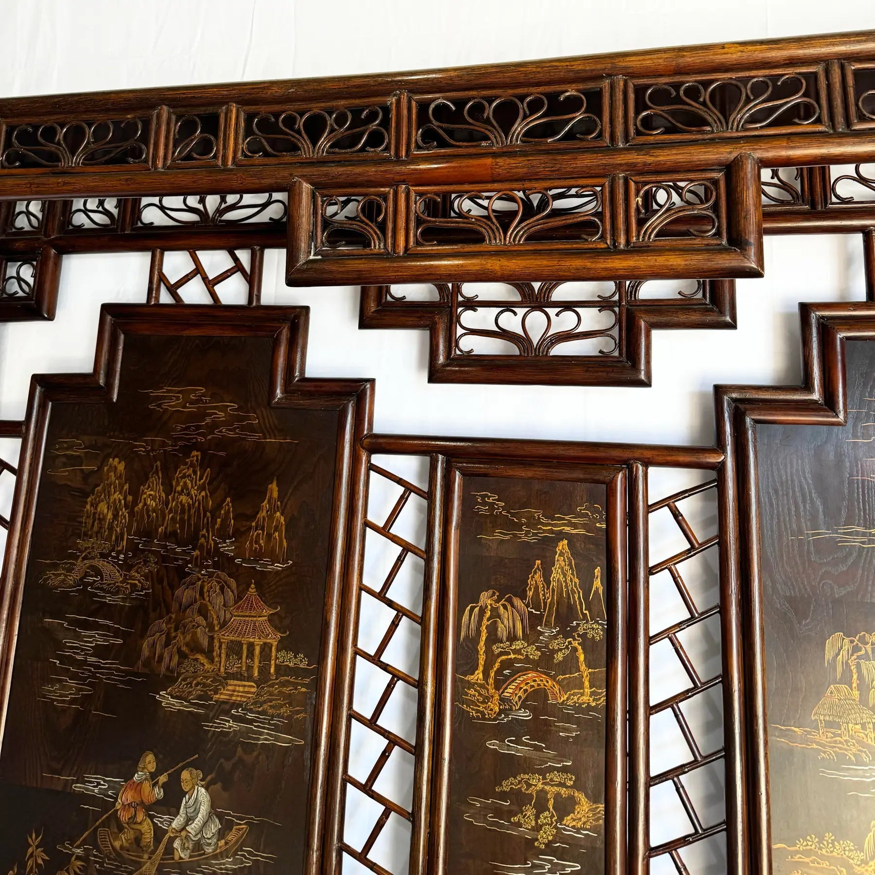 Vintage Chinoiserie Hand Painted Rattan and Wood King Size Headboard - Dolphin & Flamingo