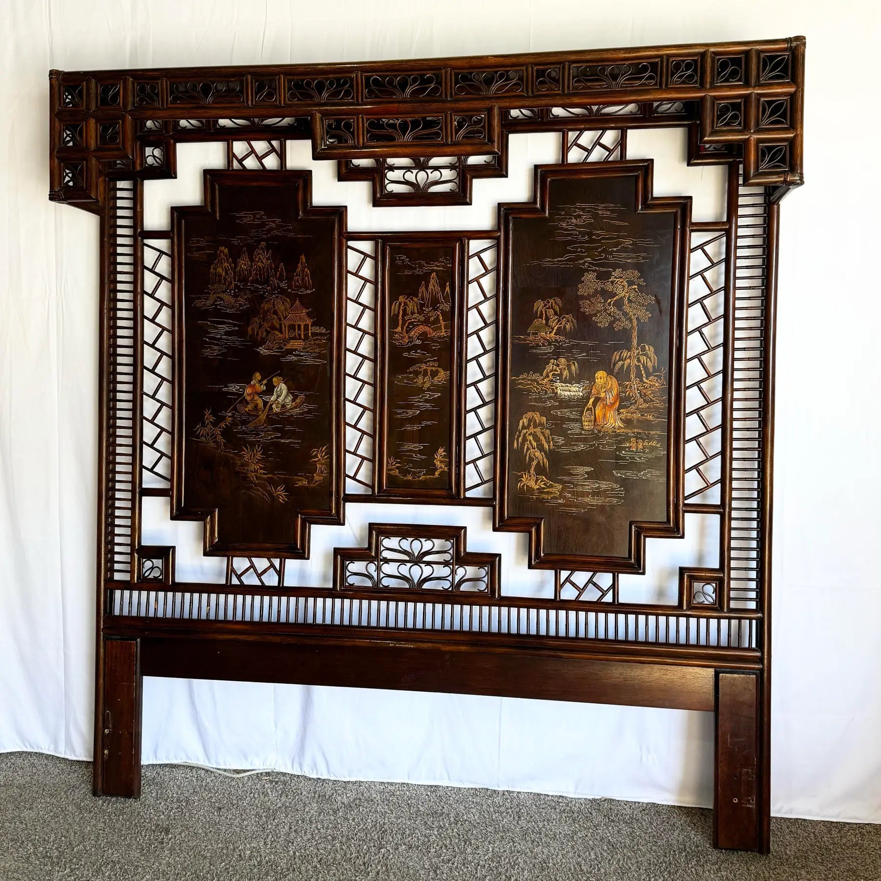 Vintage Chinoiserie Hand Painted Rattan and Wood King Size Headboard - Dolphin & Flamingo