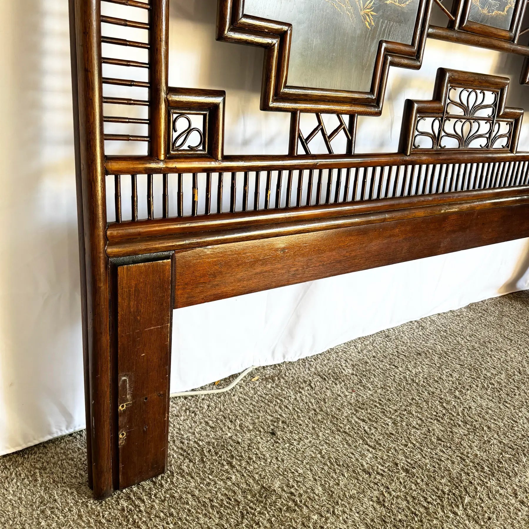 Vintage Chinoiserie Hand Painted Rattan and Wood King Size Headboard - Dolphin & Flamingo