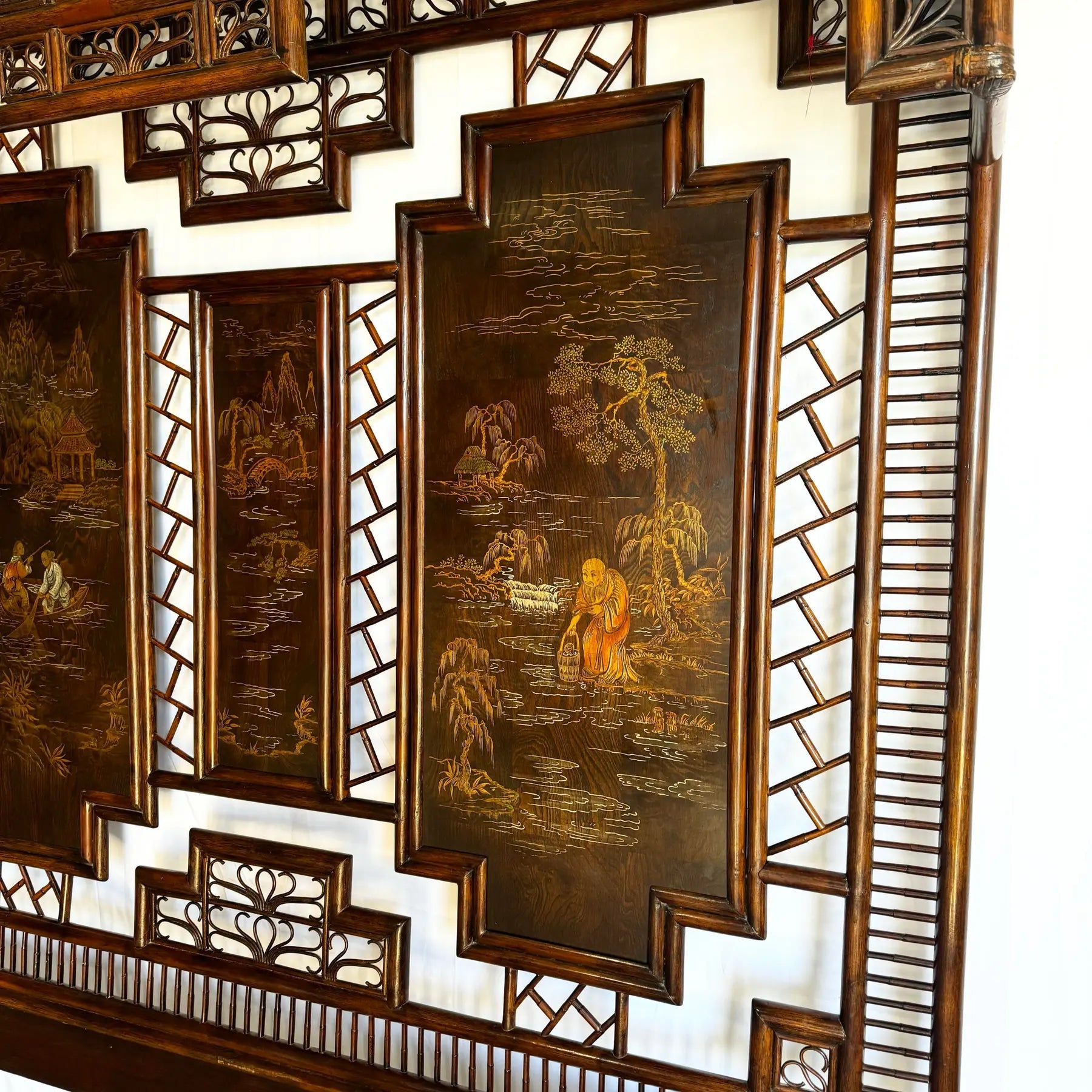 Vintage Chinoiserie Hand Painted Rattan and Wood King Size Headboard - Dolphin & Flamingo