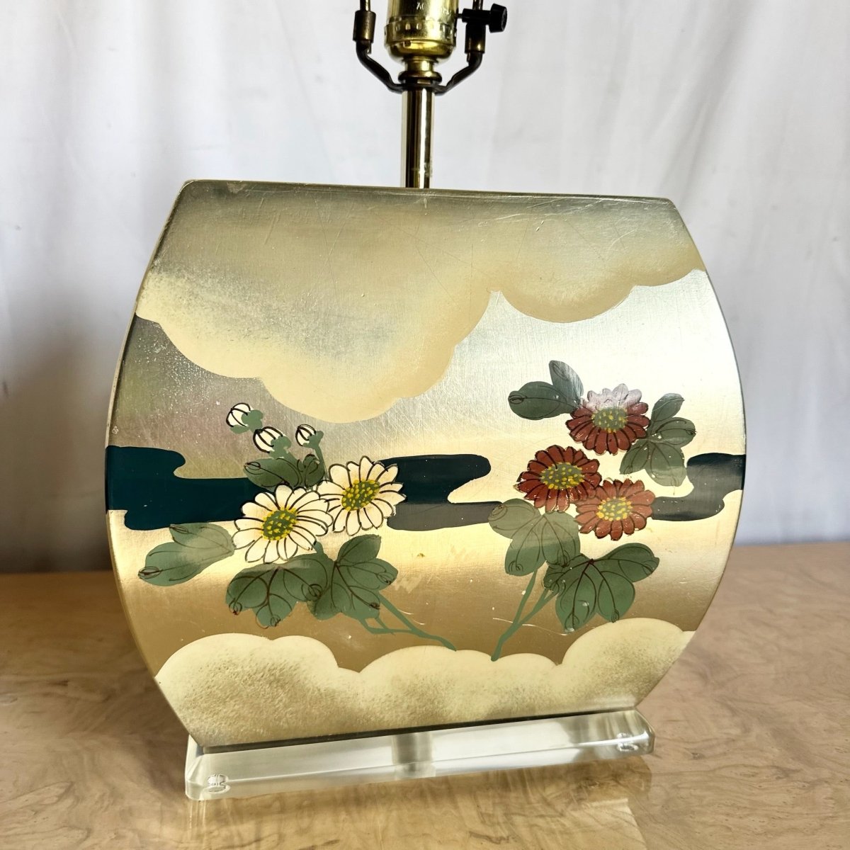 Vintage Chinoiserie Hand Painted Table Lamp - Dolphin & Flamingo