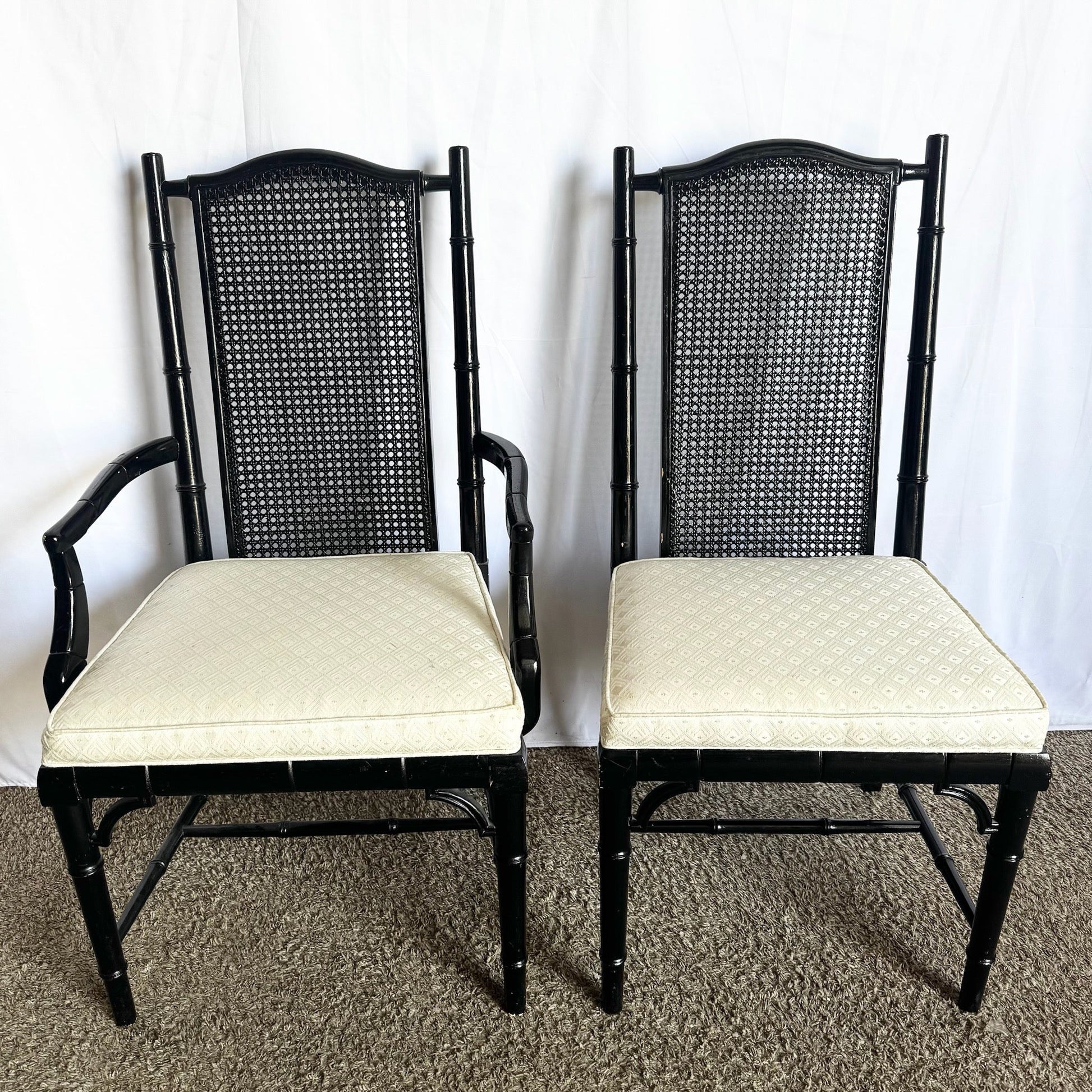 Vintage Coastal Black Faux Bamboo Cane Back Dining Chairs by Century - Set of 6 - Dolphin & Flamingo