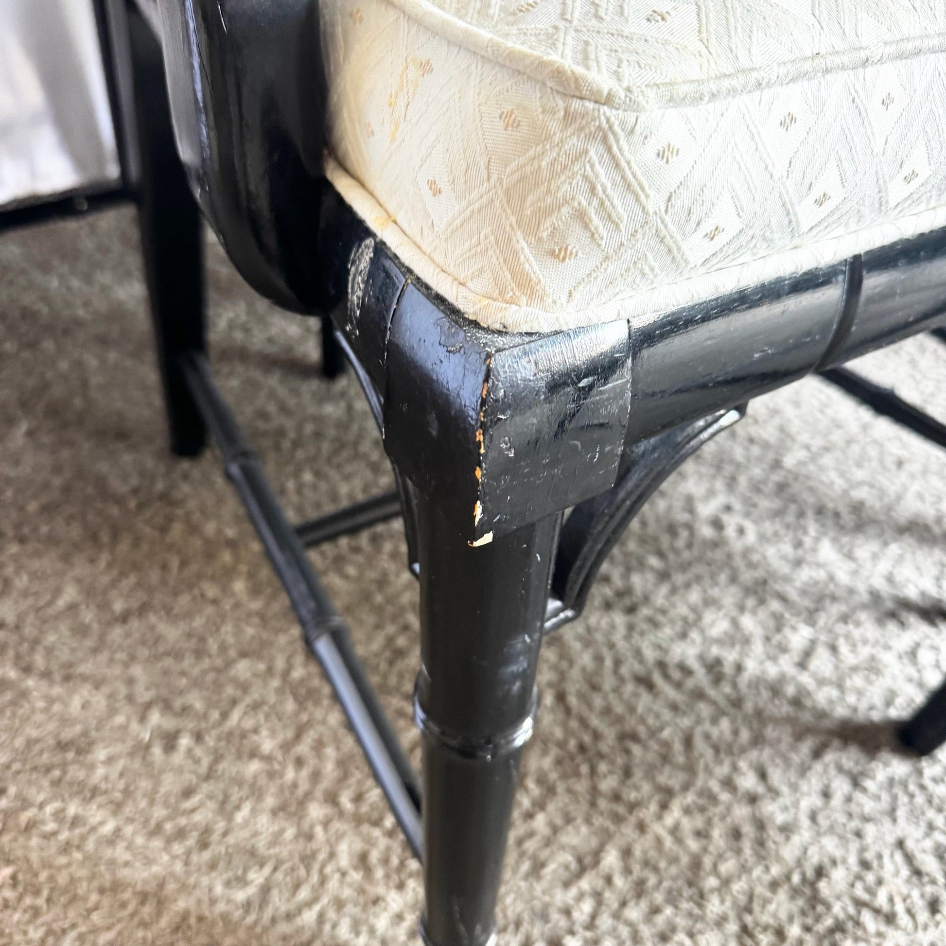 Vintage Coastal Black Faux Bamboo Cane Back Dining Chairs by Century - Set of 6 - Dolphin & Flamingo