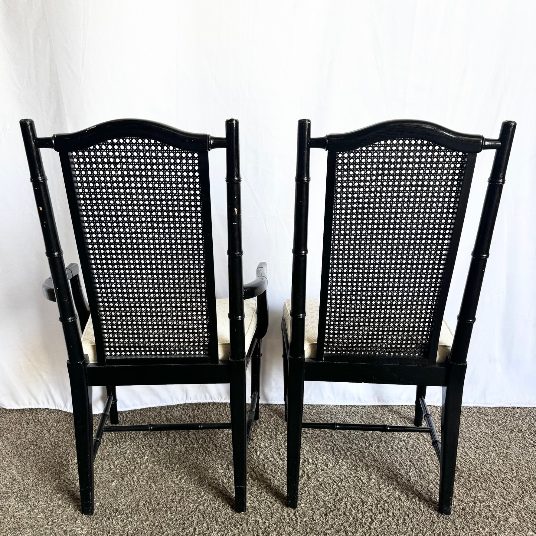 Vintage Coastal Black Faux Bamboo Cane Back Dining Chairs by Century - Set of 6 - Dolphin & Flamingo