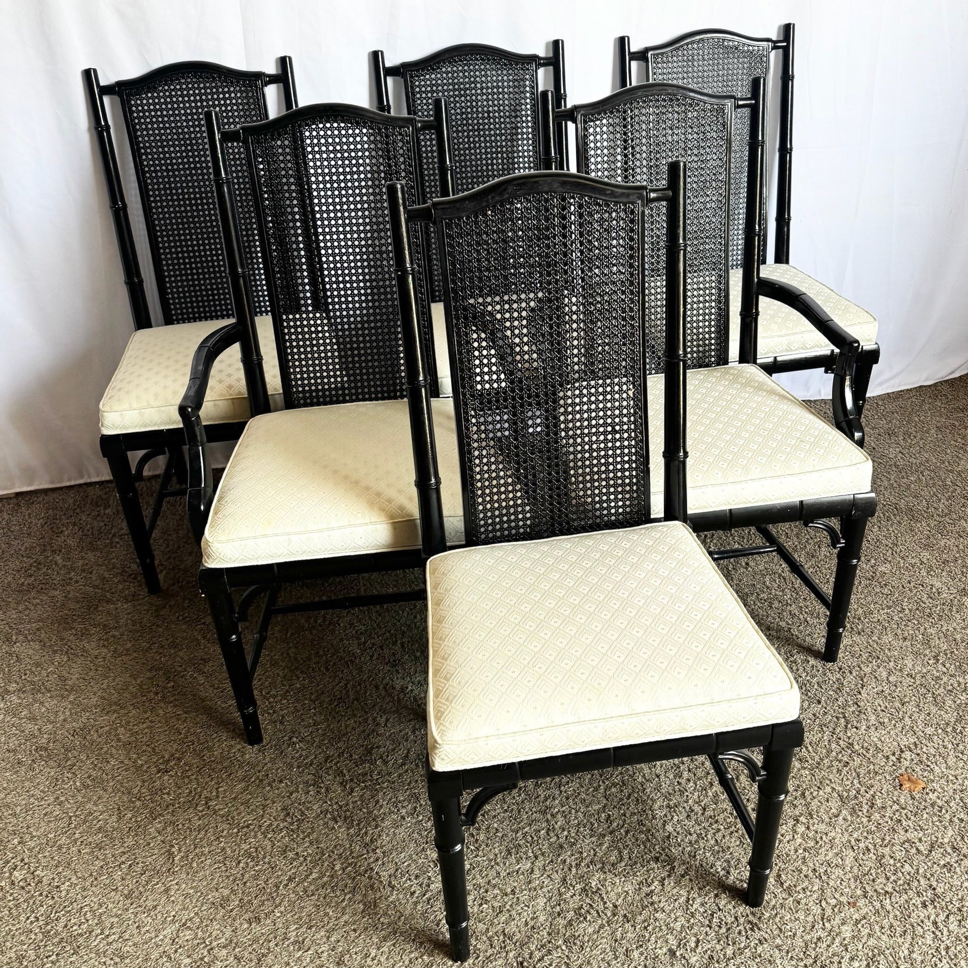 Vintage Coastal Black Faux Bamboo Cane Back Dining Chairs by Century - Set of 6 - Dolphin & Flamingo