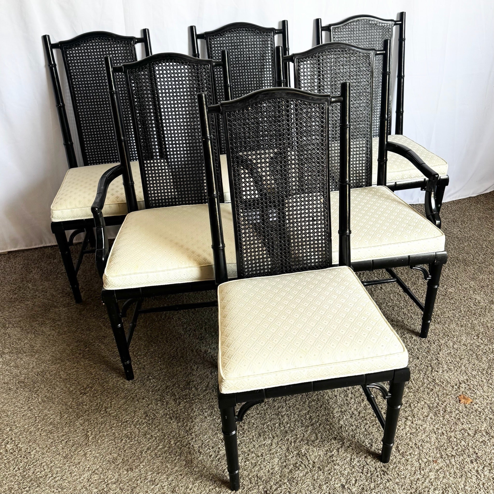 Vintage Coastal Black Faux Bamboo Cane Back Dining Chairs by Century - Set of 6 - Dolphin & Flamingo