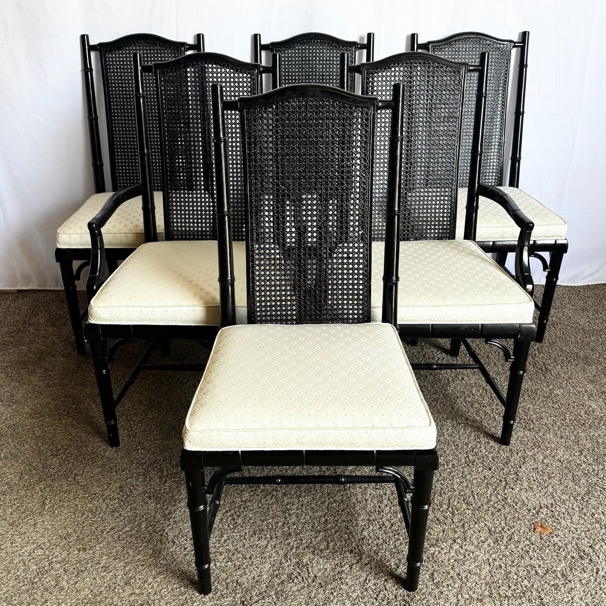 Vintage Coastal Black Faux Bamboo Cane Back Dining Chairs by Century - Set of 6 - Dolphin & Flamingo