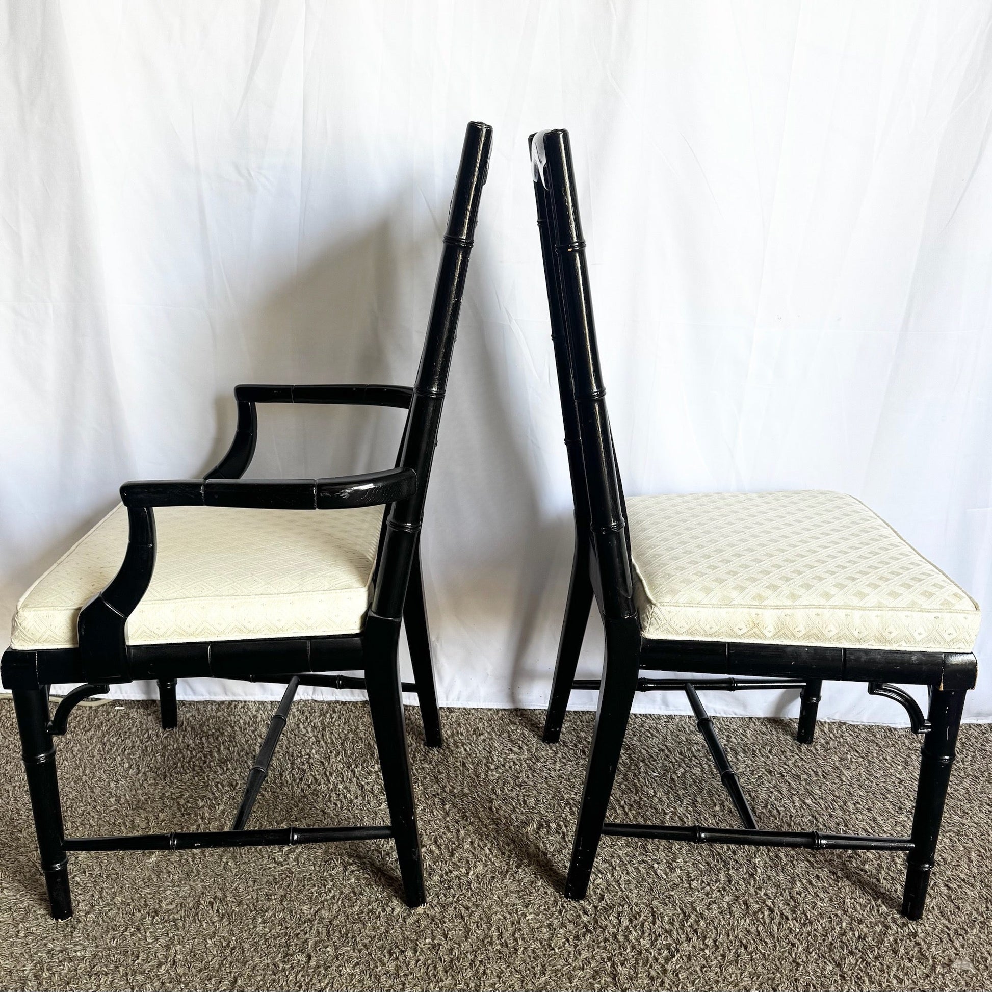 Vintage Coastal Black Faux Bamboo Cane Back Dining Chairs by Century - Set of 6 - Dolphin & Flamingo