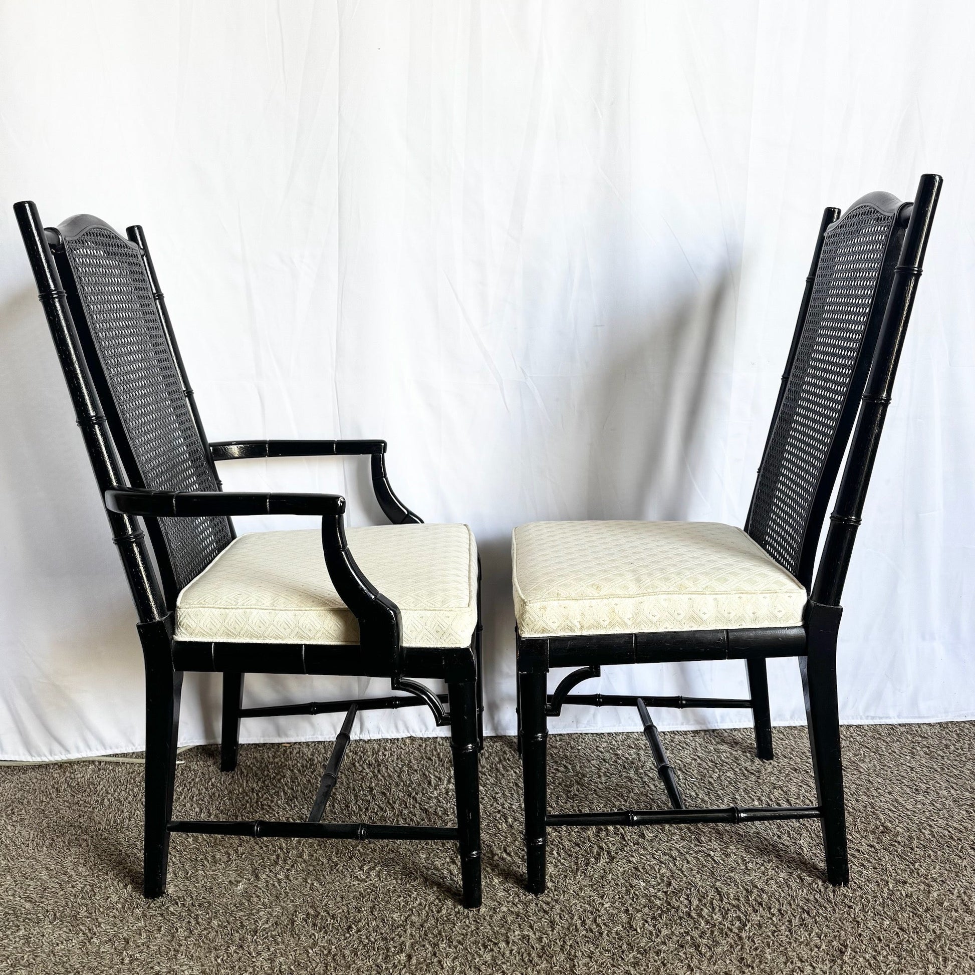 Vintage Coastal Black Faux Bamboo Cane Back Dining Chairs by Century - Set of 6 - Dolphin & Flamingo