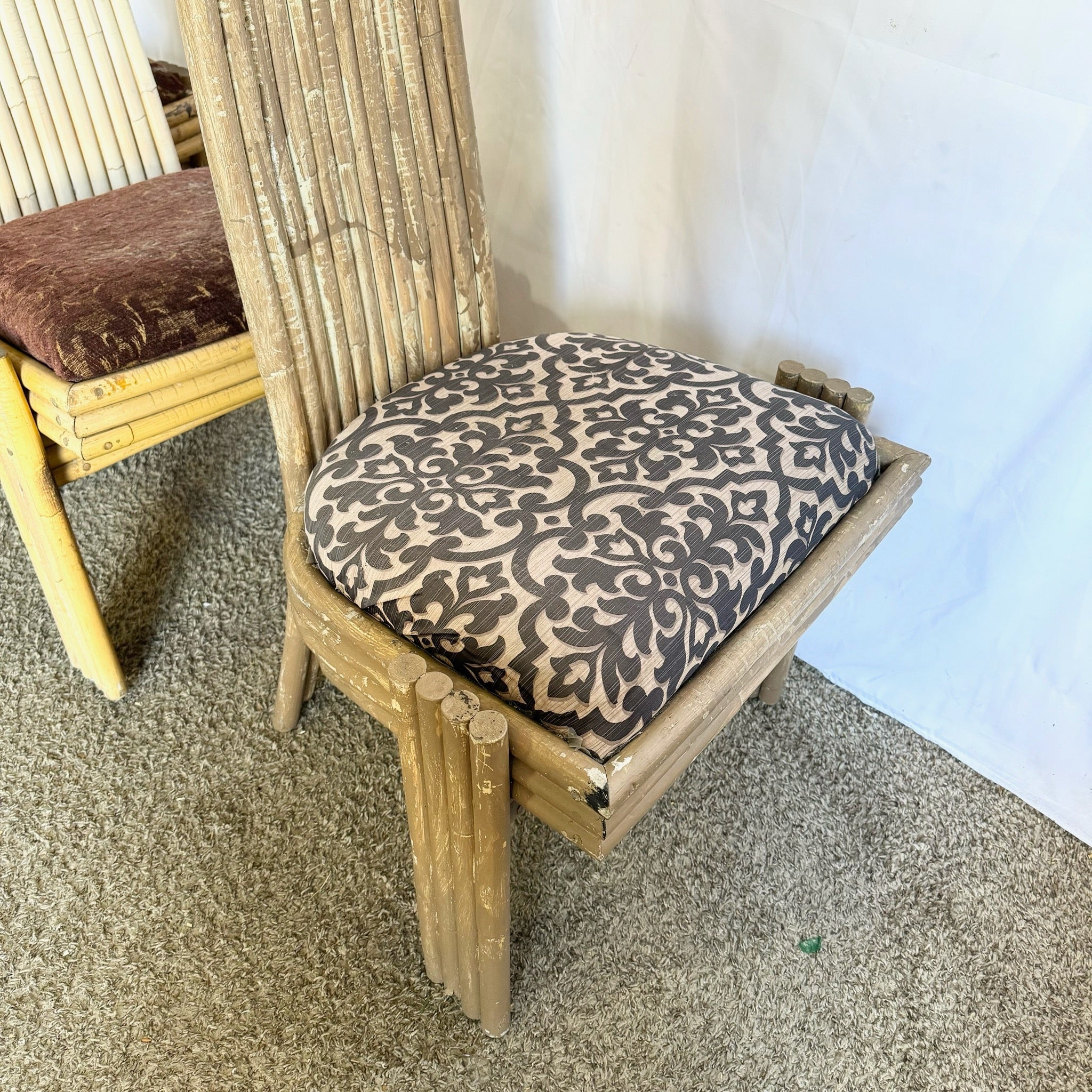 Vintage Coastal Boho Rattan High Back Dining Chairs - Set of 3 - Dolphin & Flamingo