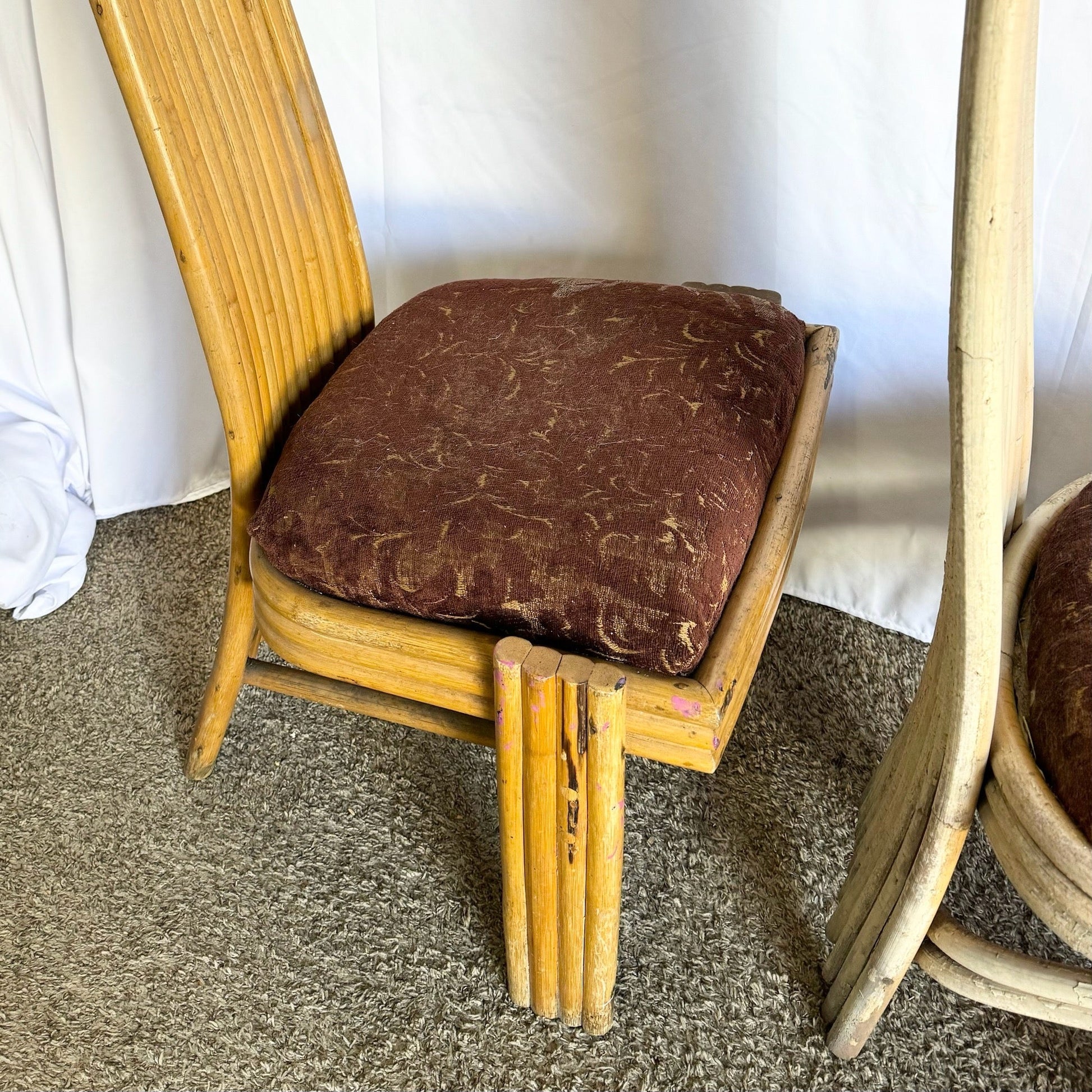 Vintage Coastal Boho Rattan High Back Dining Chairs - Set of 3 - Dolphin & Flamingo