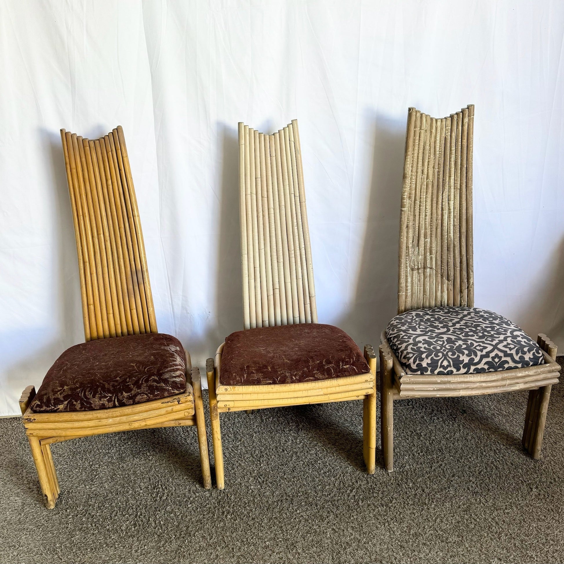Vintage Coastal Boho Rattan High Back Dining Chairs - Set of 3 - Dolphin & Flamingo