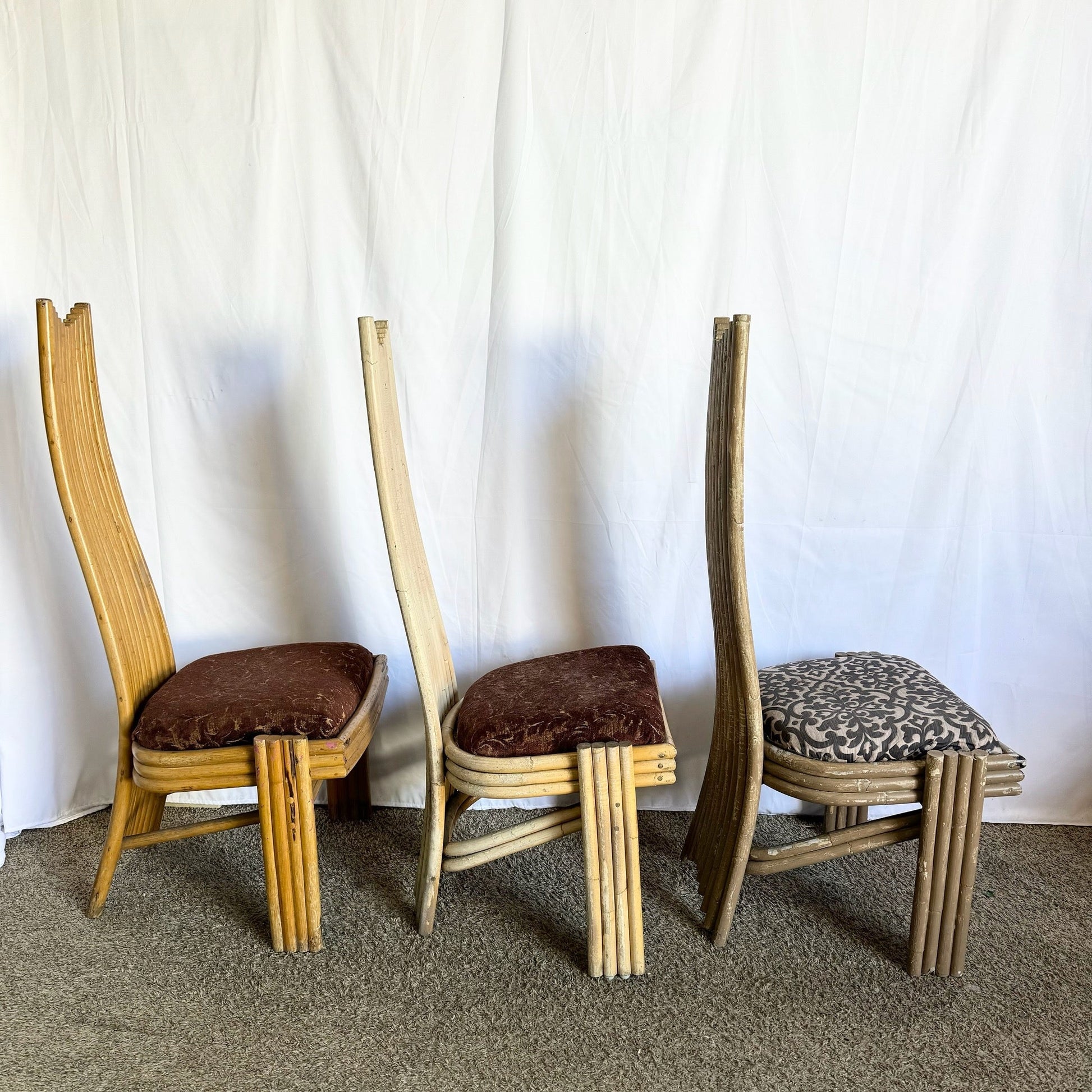 Vintage Coastal Boho Rattan High Back Dining Chairs - Set of 3 - Dolphin & Flamingo