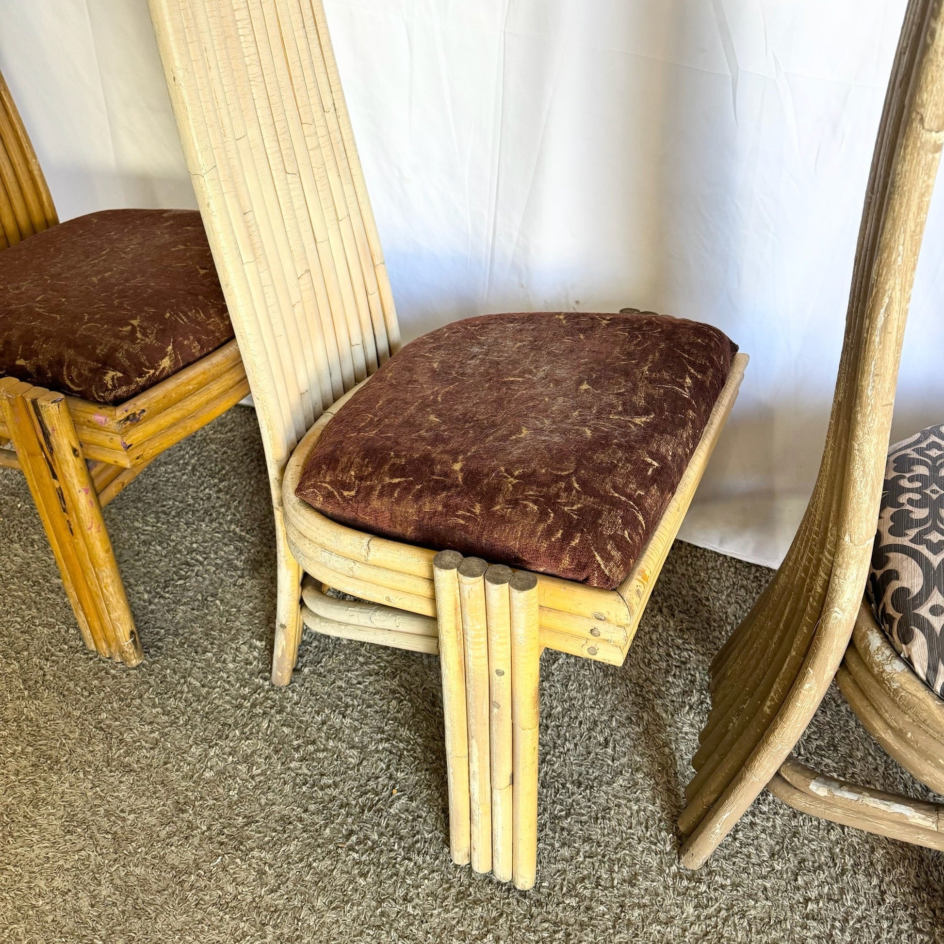 Vintage Coastal Boho Rattan High Back Dining Chairs - Set of 3 - Dolphin & Flamingo