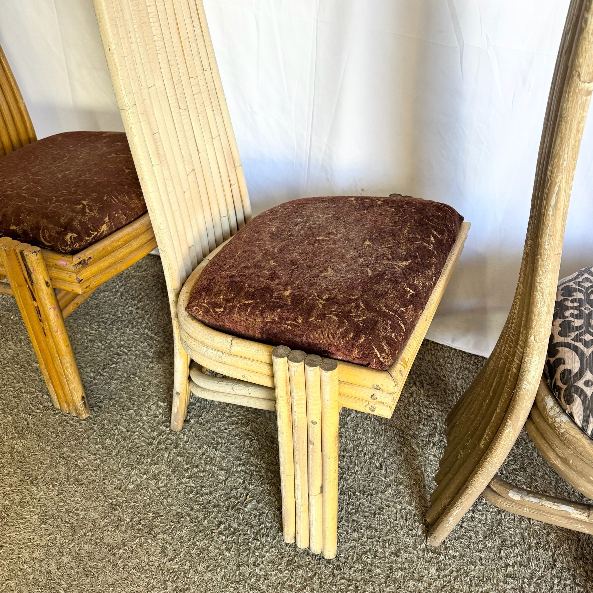 Vintage Coastal Boho Rattan High Back Dining Chairs - Set of 3 - Dolphin & Flamingo