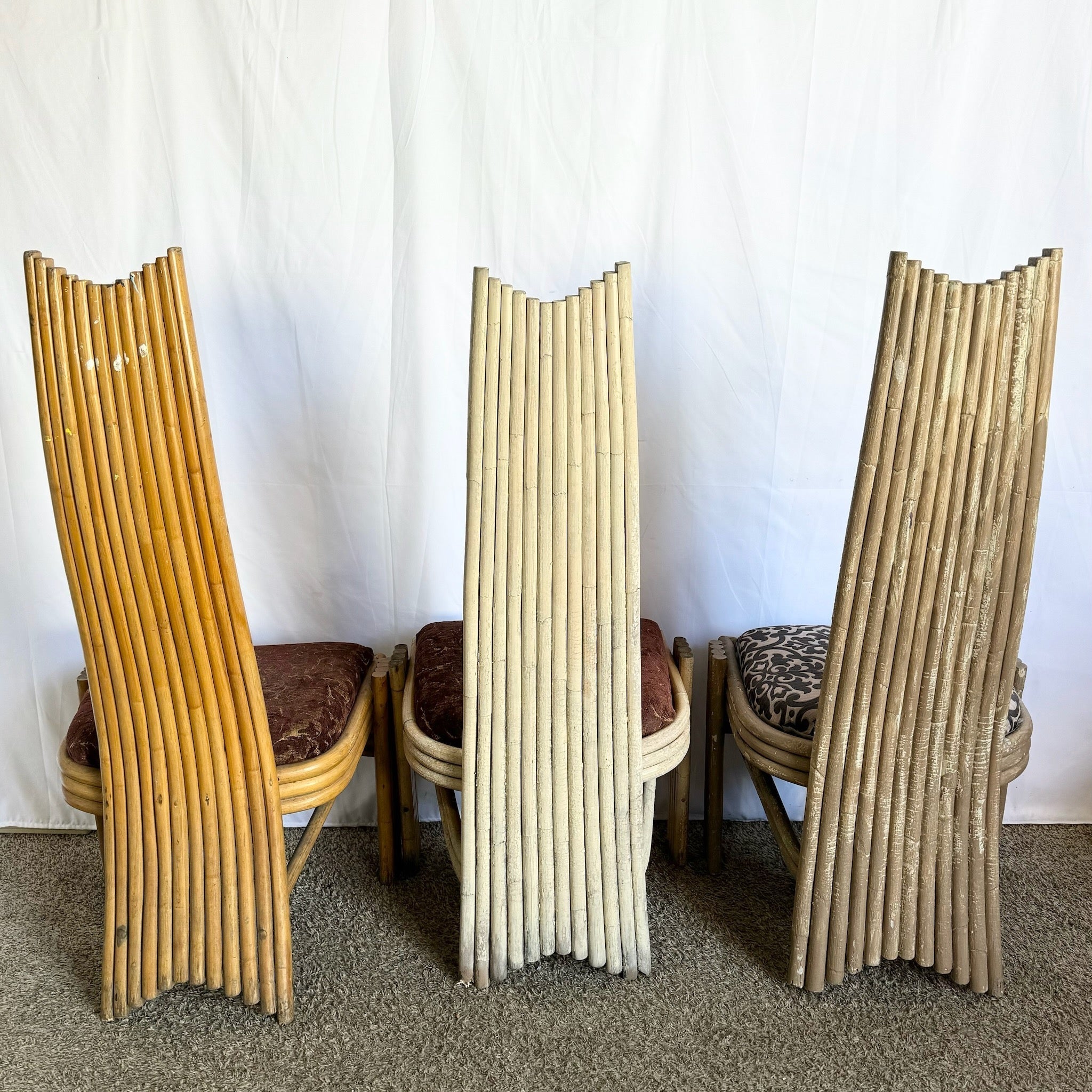 Vintage Coastal Boho Rattan High Back Dining Chairs - Set of 3 - Dolphin & Flamingo