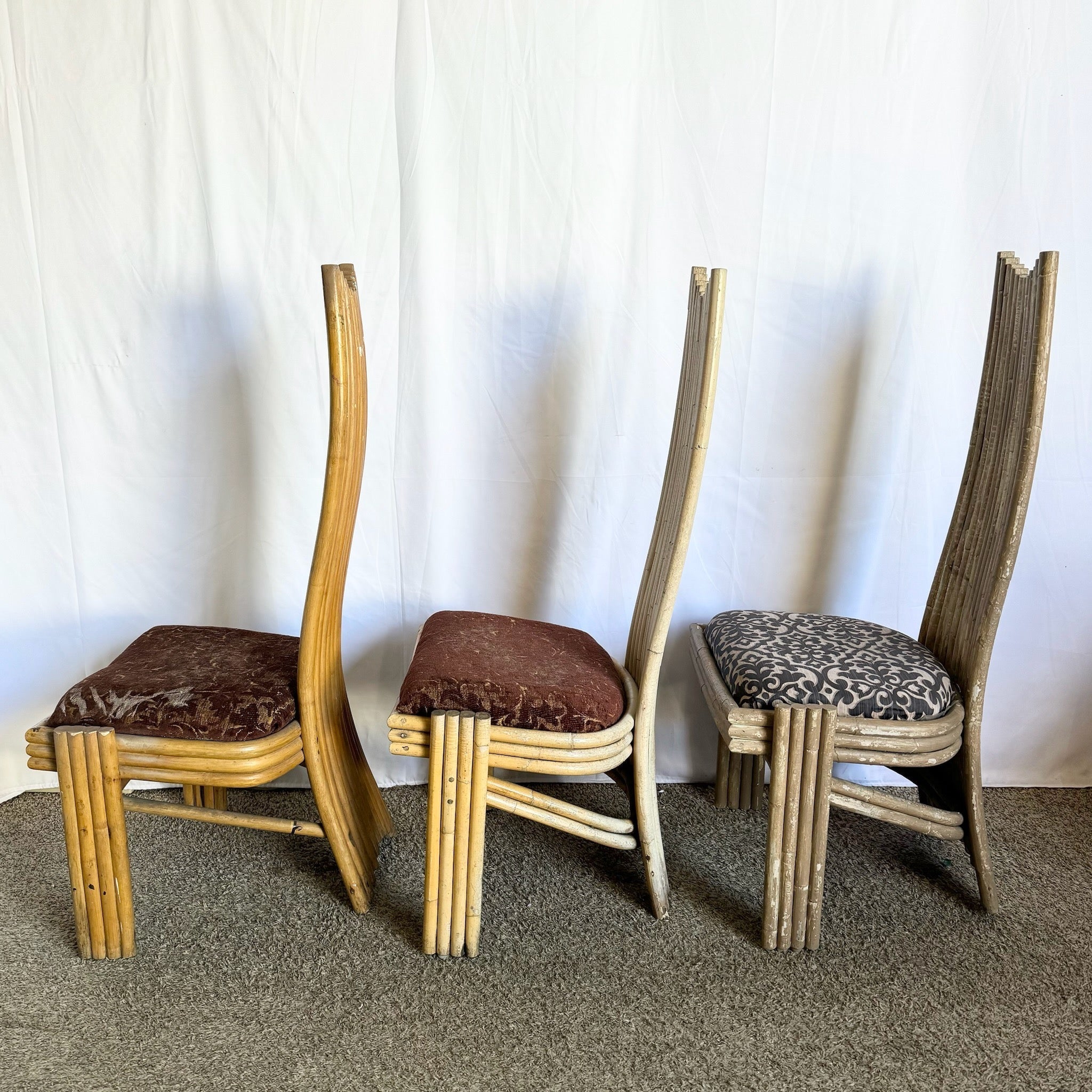 Vintage Coastal Boho Rattan High Back Dining Chairs - Set of 3 - Dolphin & Flamingo
