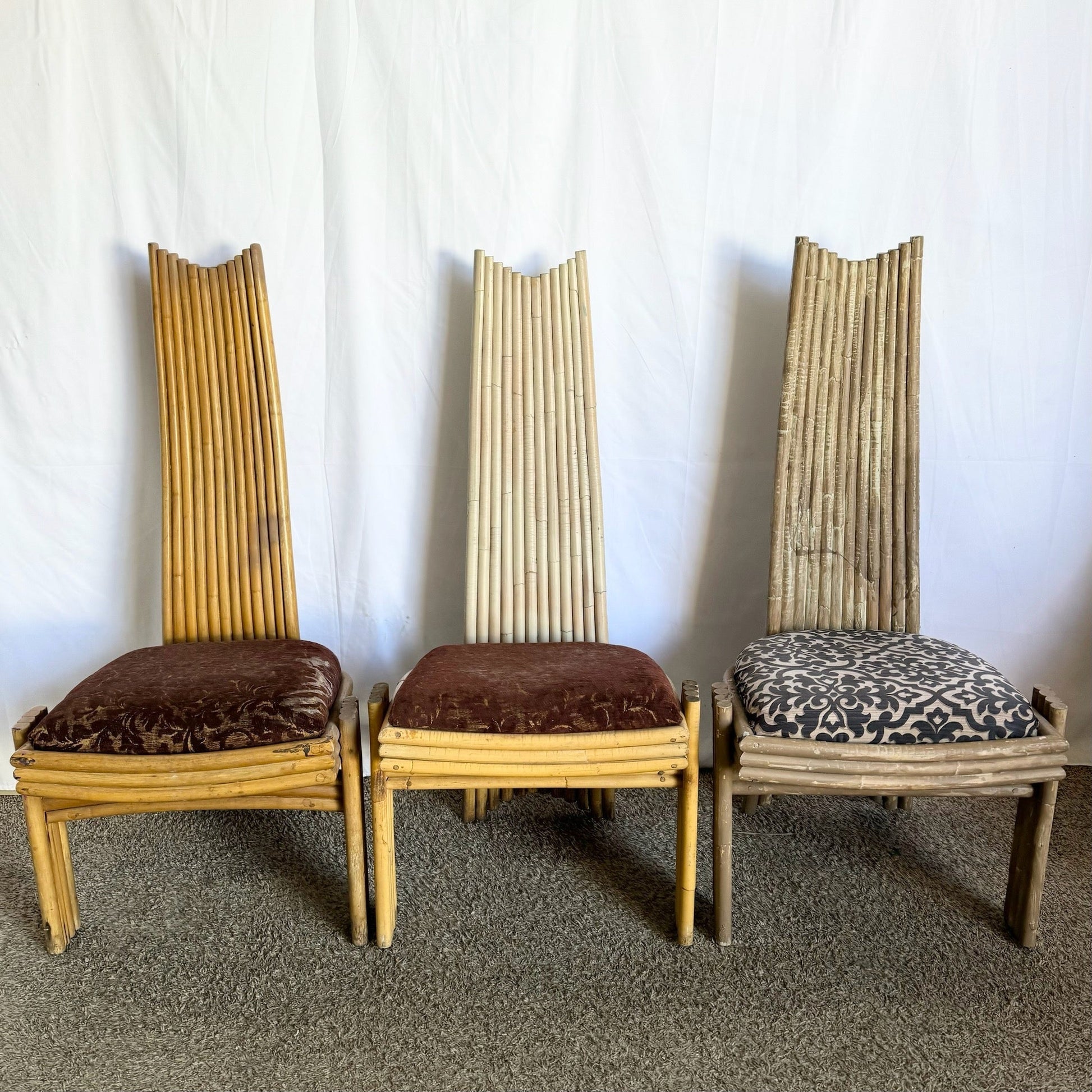Vintage Coastal Boho Rattan High Back Dining Chairs - Set of 3 - Dolphin & Flamingo