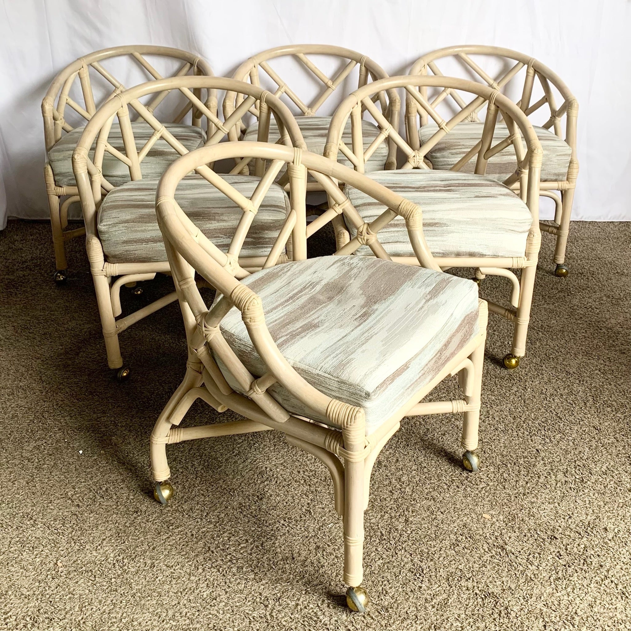 Vintage Coastal Chippendale Style Rattan Dining Arm Chairs on Caster by Ficks Reed - Set of 6 - Dolphin & Flamingo