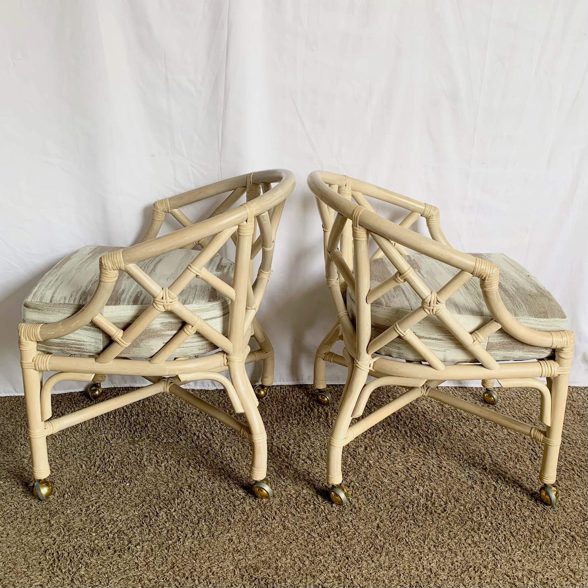 Vintage Coastal Chippendale Style Rattan Dining Arm Chairs on Caster by Ficks Reed - Set of 6 - Dolphin & Flamingo