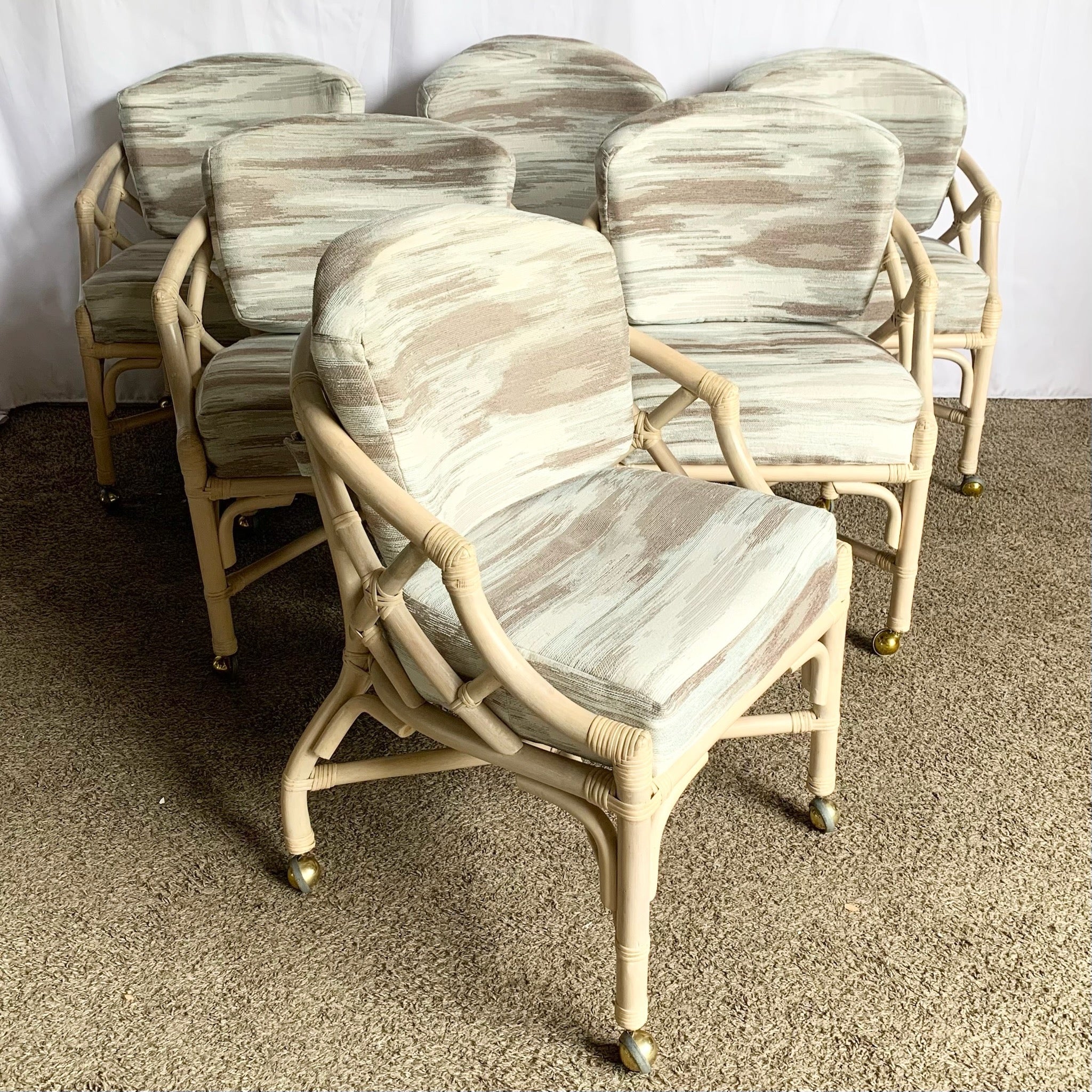 Vintage Coastal Chippendale Style Rattan Dining Arm Chairs on Caster by Ficks Reed - Set of 6 - Dolphin & Flamingo
