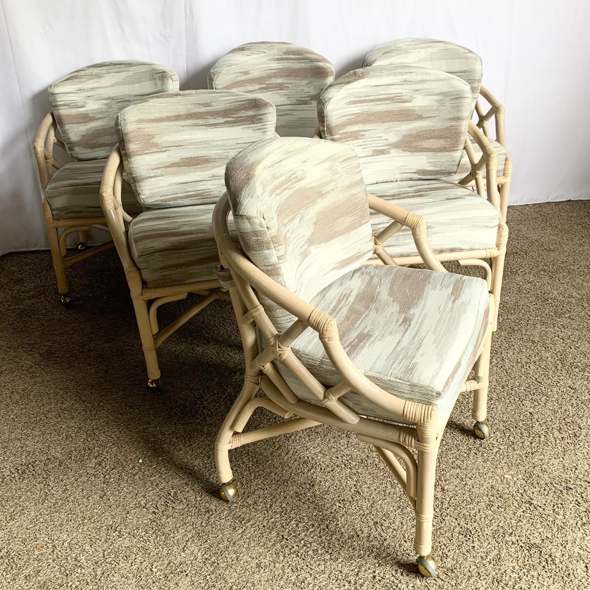 Vintage Coastal Chippendale Style Rattan Dining Arm Chairs on Caster by Ficks Reed - Set of 6 - Dolphin & Flamingo