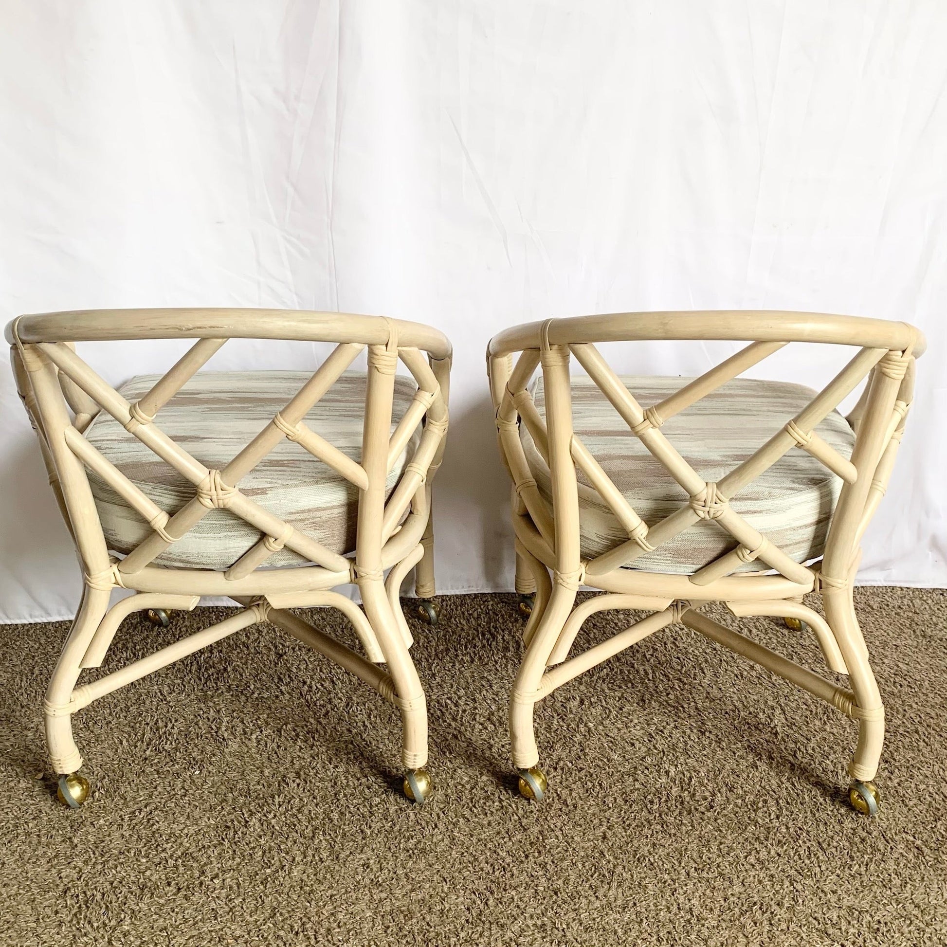 Vintage Coastal Chippendale Style Rattan Dining Arm Chairs on Caster by Ficks Reed - Set of 6 - Dolphin & Flamingo