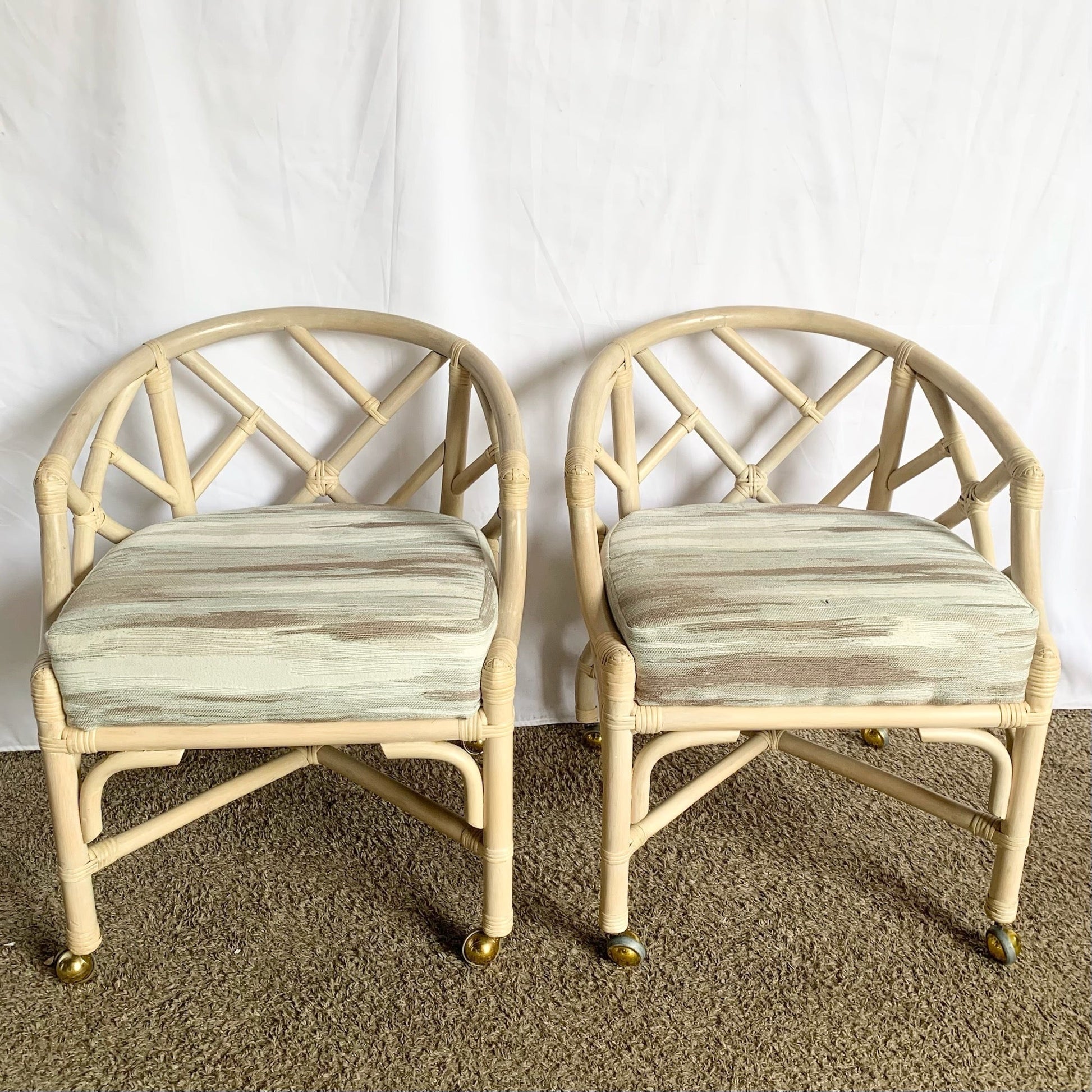 Vintage Coastal Chippendale Style Rattan Dining Arm Chairs on Caster by Ficks Reed - Set of 6 - Dolphin & Flamingo
