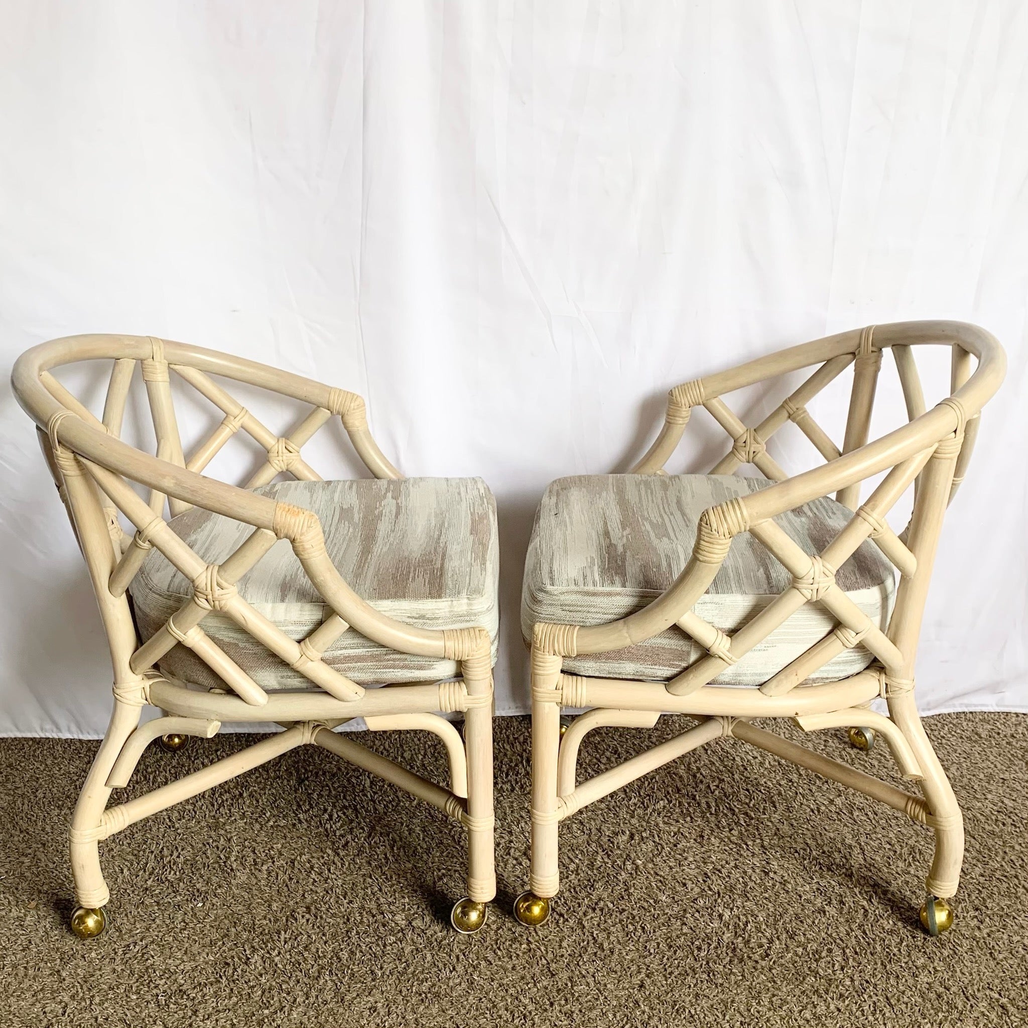 Vintage Coastal Chippendale Style Rattan Dining Arm Chairs on Caster by Ficks Reed - Set of 6 - Dolphin & Flamingo